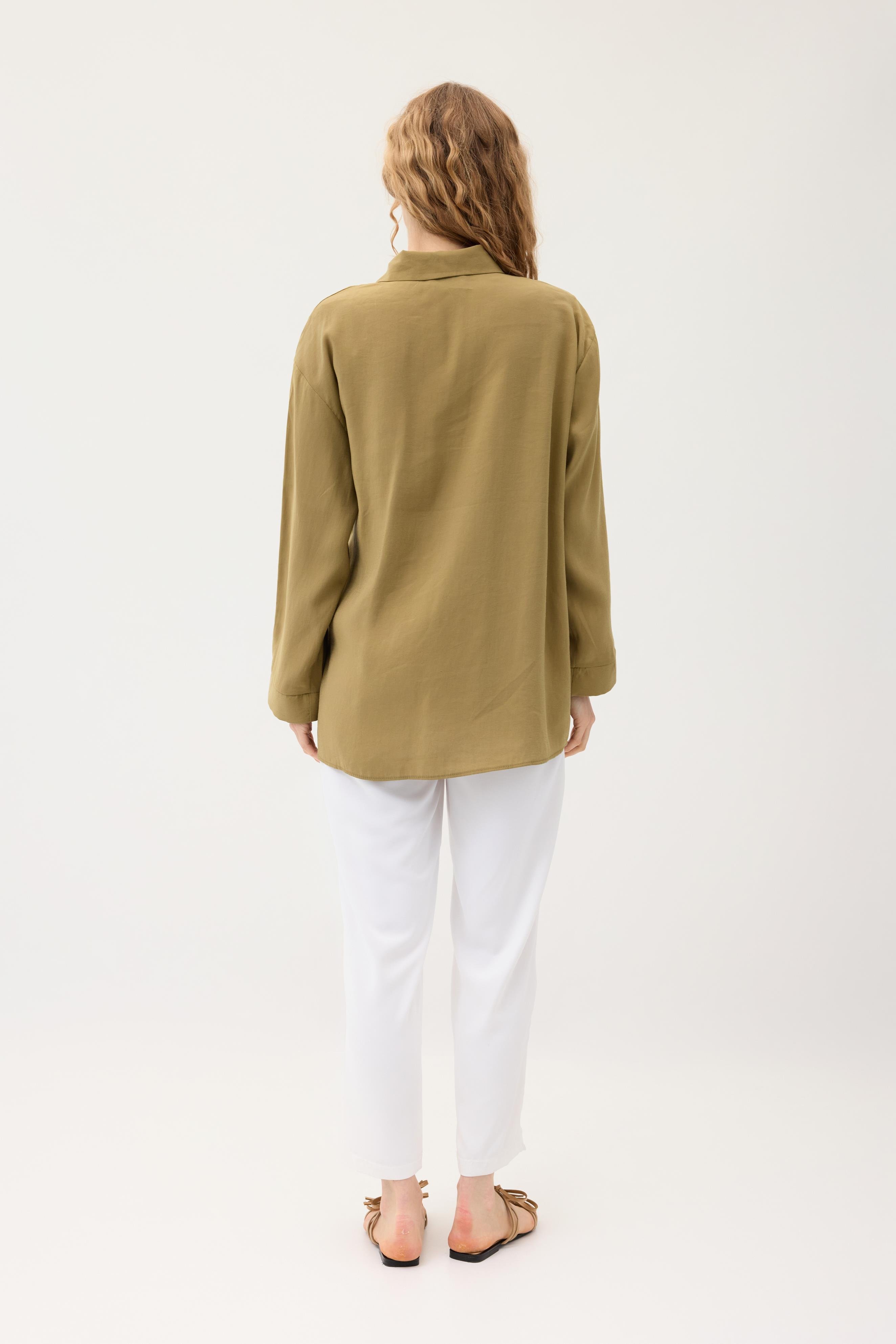 Twıla Bağcıklı Modal Gömlek - Yağ yeşil 