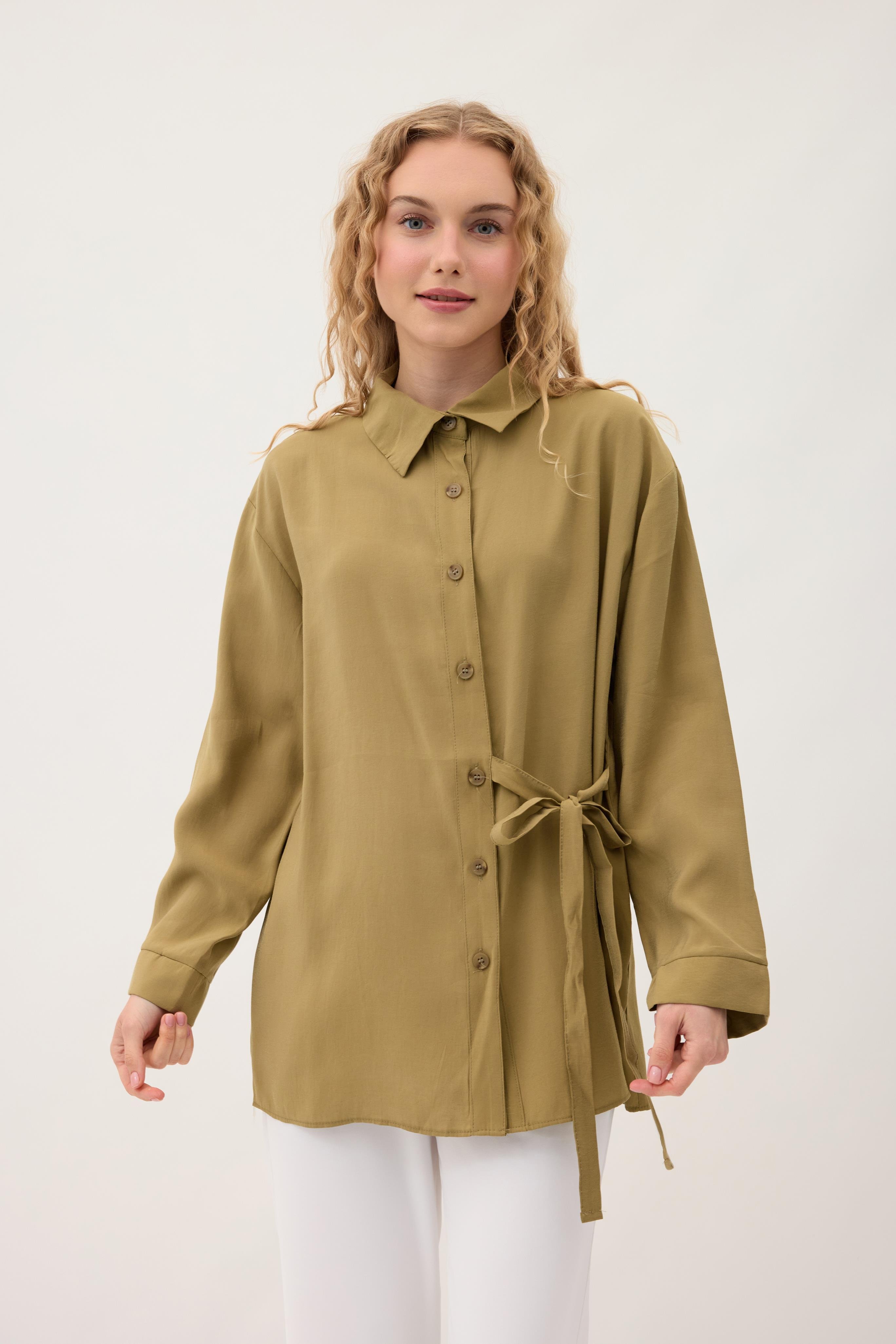 Twıla Bağcıklı Modal Gömlek - Yağ yeşil 