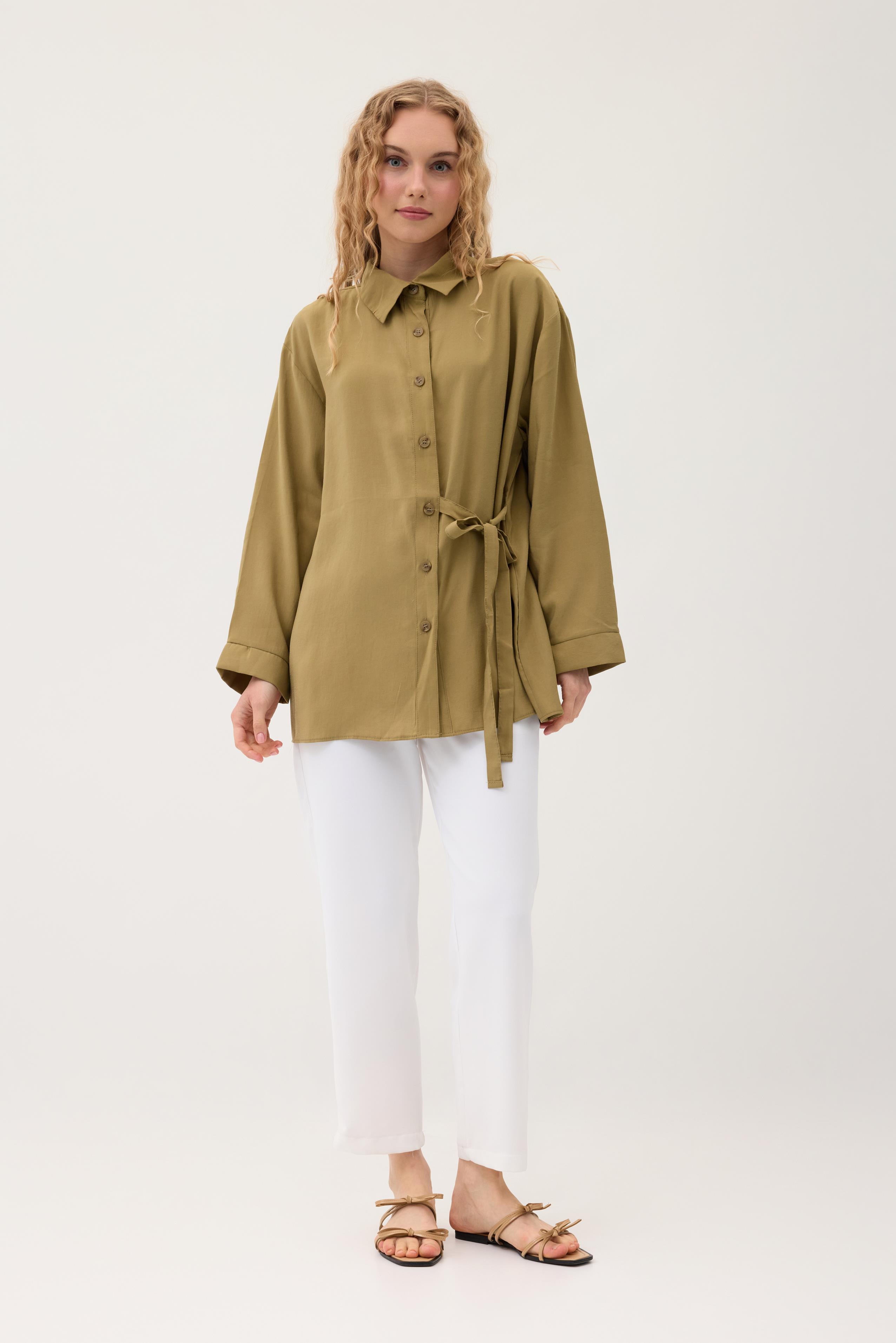 Twıla Bağcıklı Modal Gömlek - Yağ yeşil 