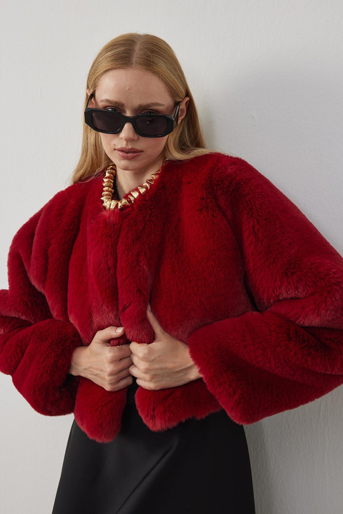 Valencia Peluş Kürk Ceket - Bordo