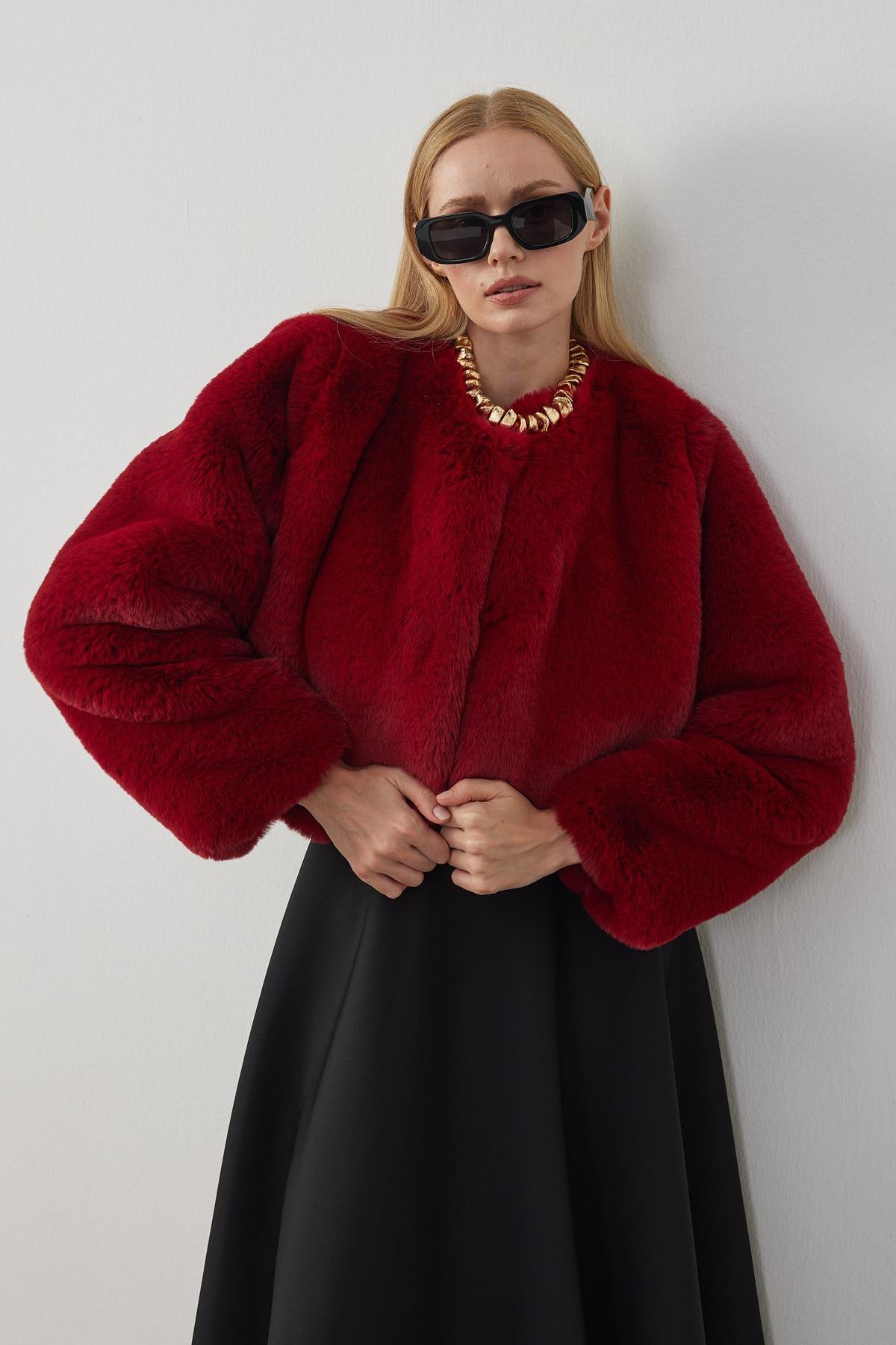 Valencia Peluş Kürk Ceket - Bordo