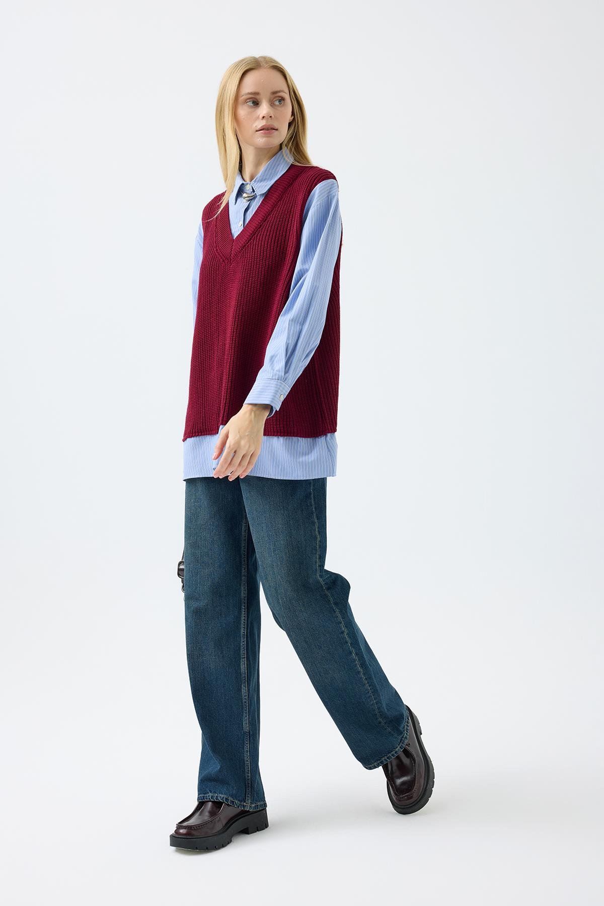 Vega Süveter Detaylı Gömlek - Bordo 