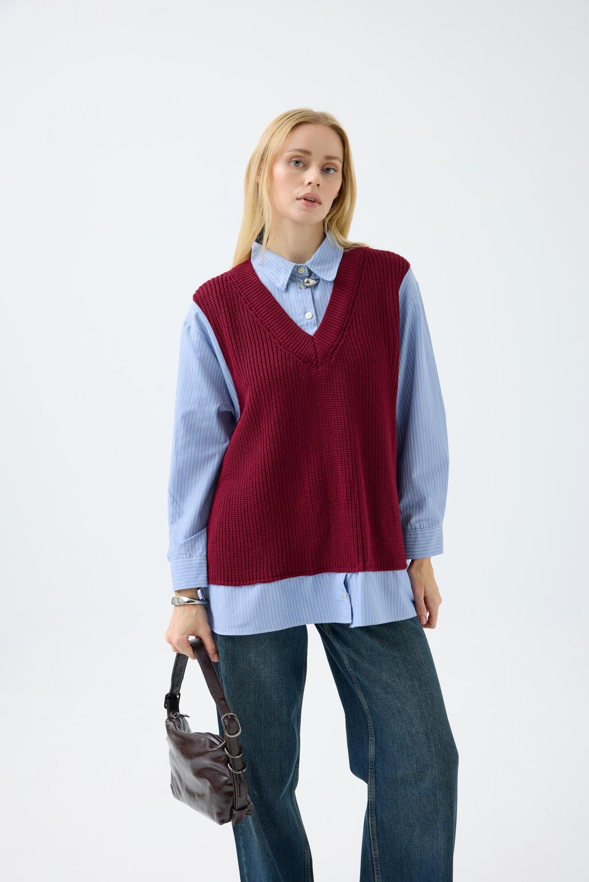 Vega Süveter Detaylı Gömlek - Bordo 