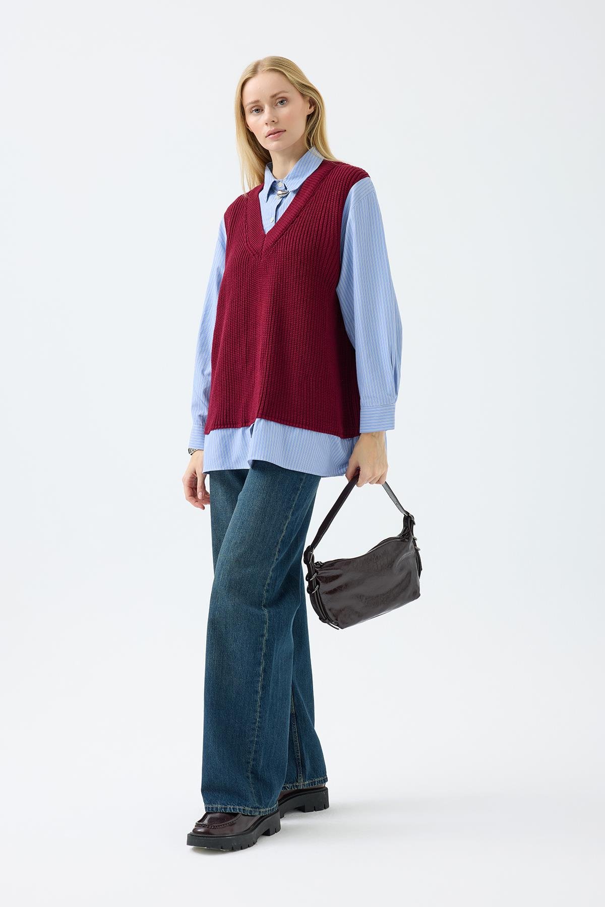 Vega Süveter Detaylı Gömlek - Bordo 