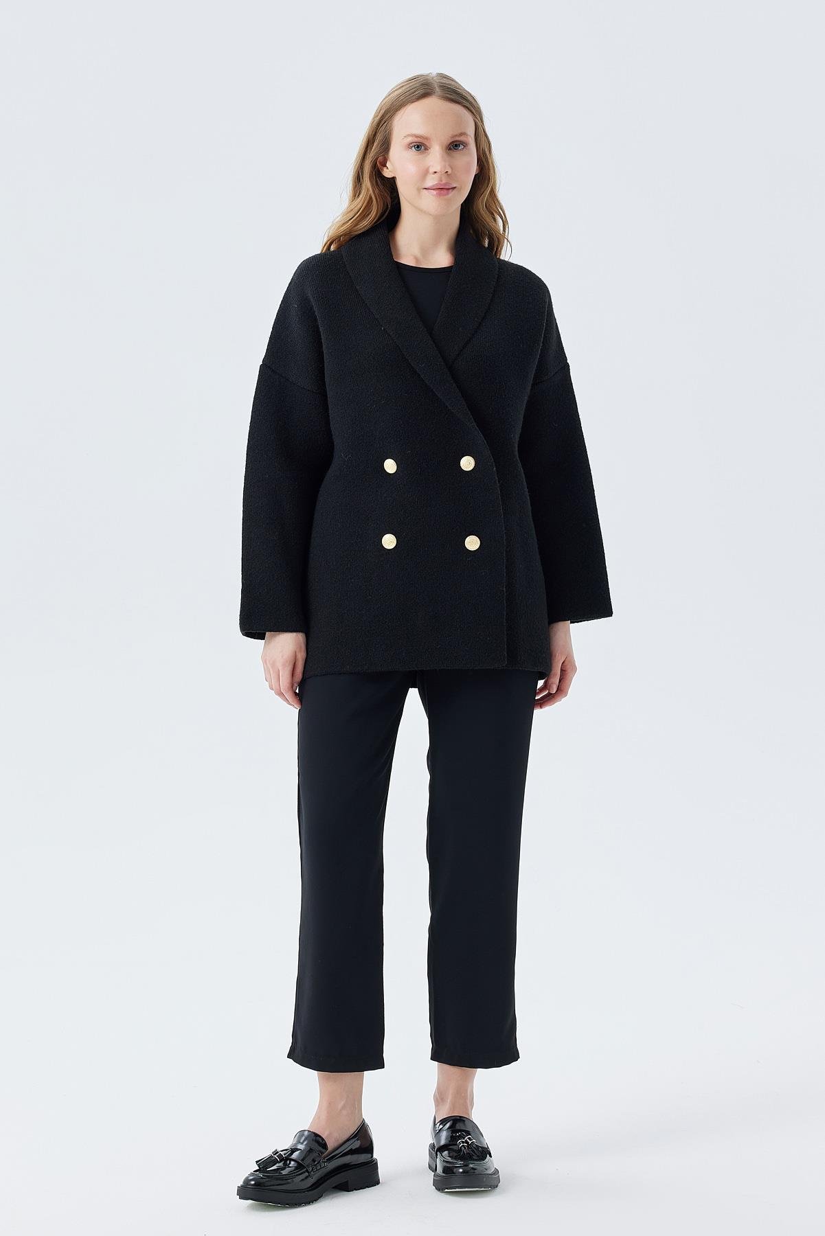 VENÜS GOLD DÜĞME DETAYLI KRUVAZE ÖRME CEKET - SİYAH