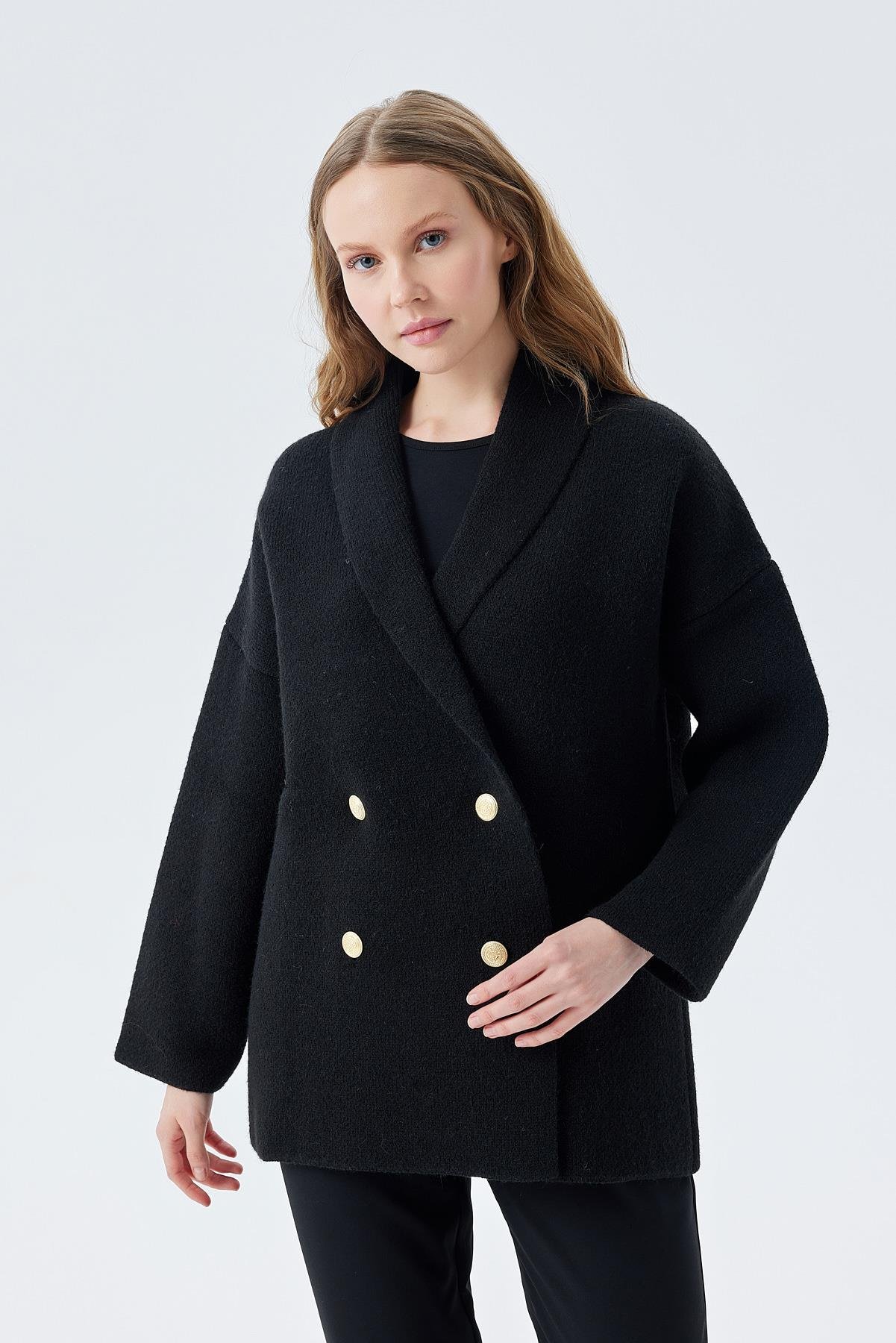 VENÜS GOLD DÜĞME DETAYLI KRUVAZE ÖRME CEKET - SİYAH