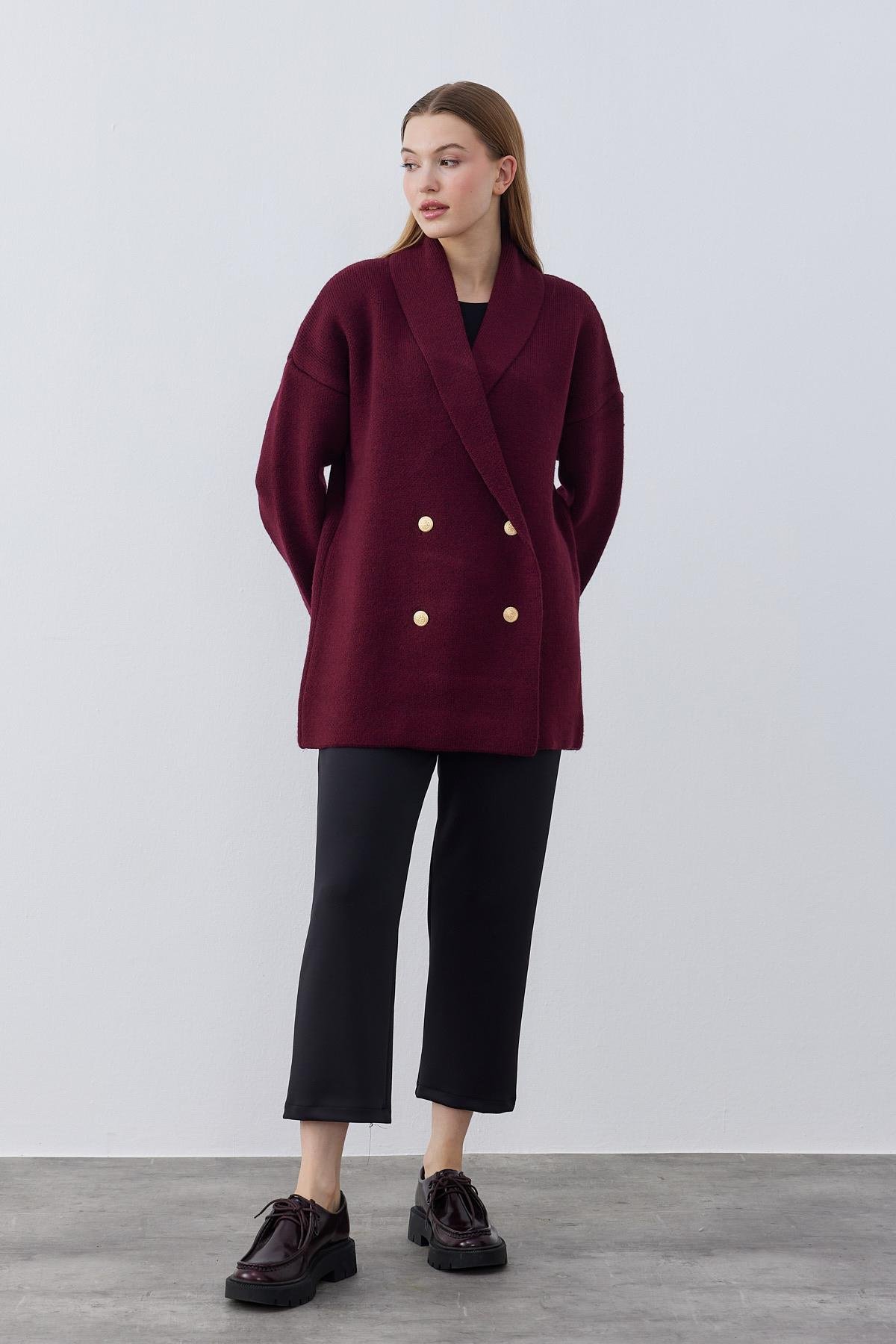 Venüs Kruvaze Kapamalı Triko Ceket- Bordo