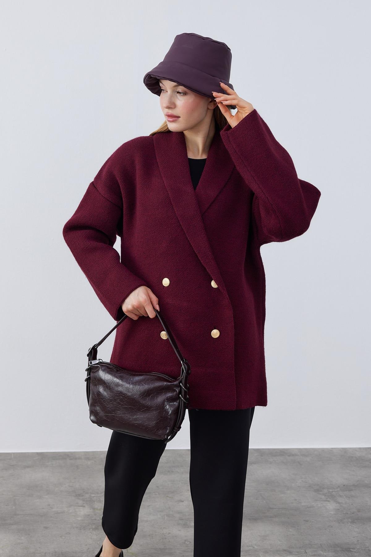 Venüs Kruvaze Kapamalı Triko Ceket- Bordo