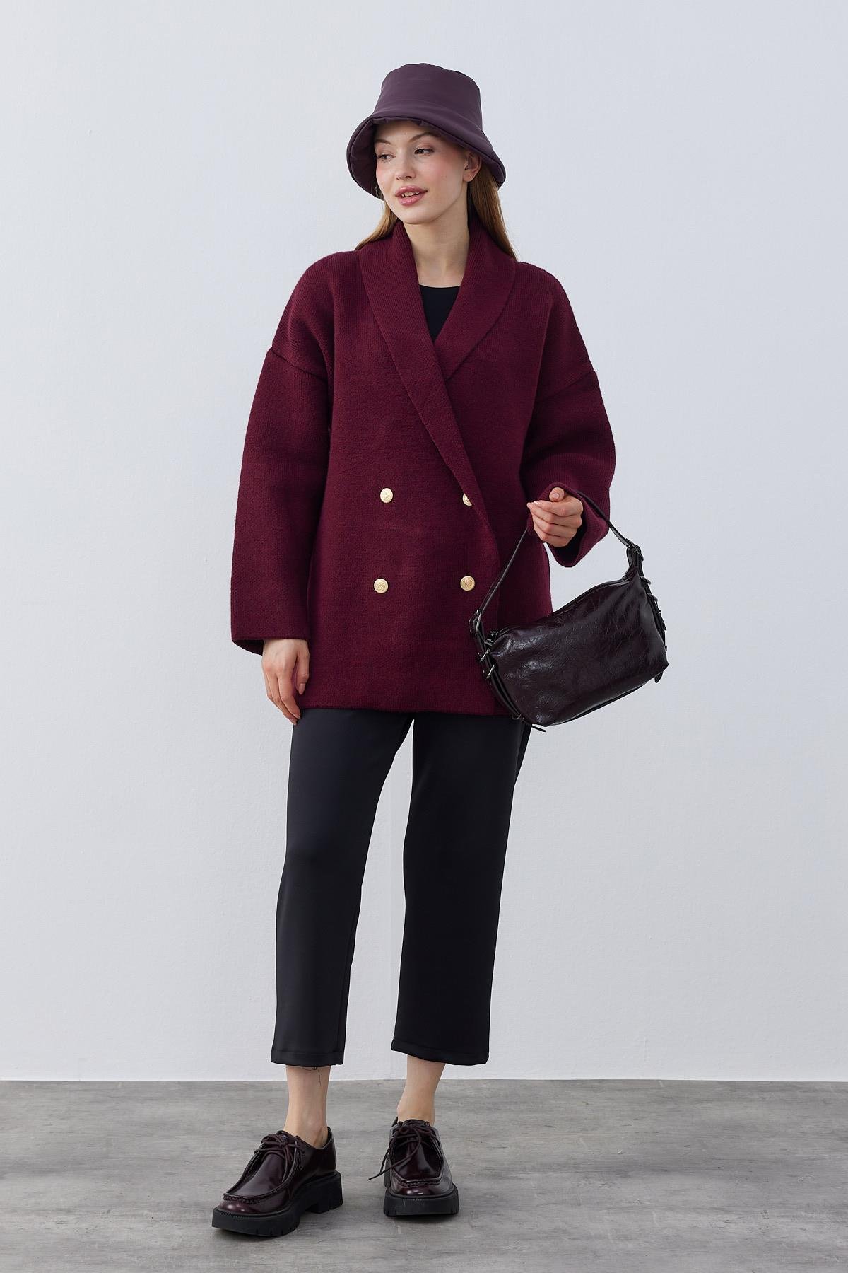 Venüs Kruvaze Kapamalı Triko Ceket- Bordo