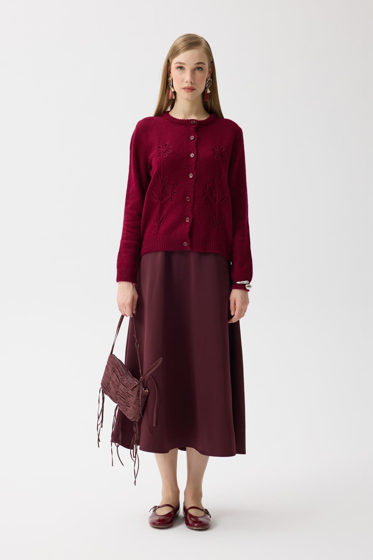 Vera Çiçek Motifli Hırka - Bordo 