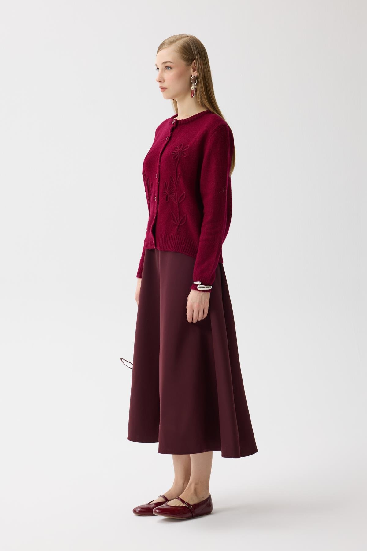 Vera Çiçek Motifli Hırka - Bordo 