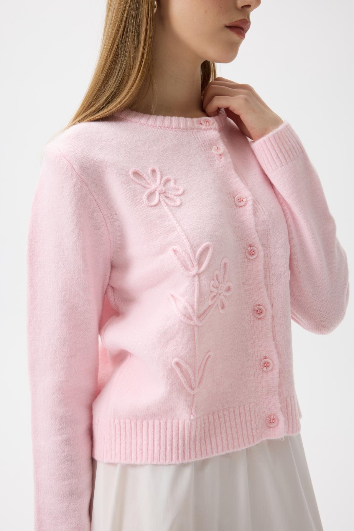 Vera Çiçek Motifli Hırka - Pembe