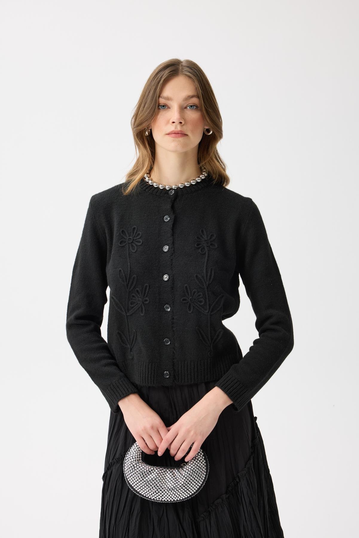 Vera Çiçek Motifli Hırka - Siyah 