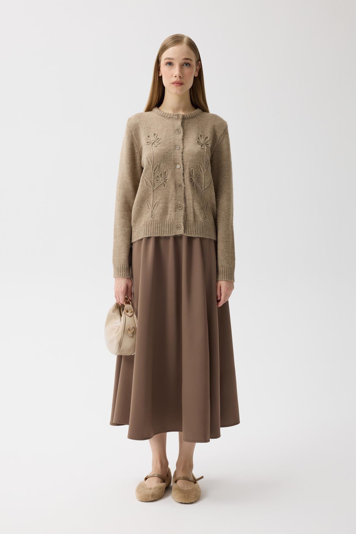 Vera Çiçek Motifli Hırka - Vizon 