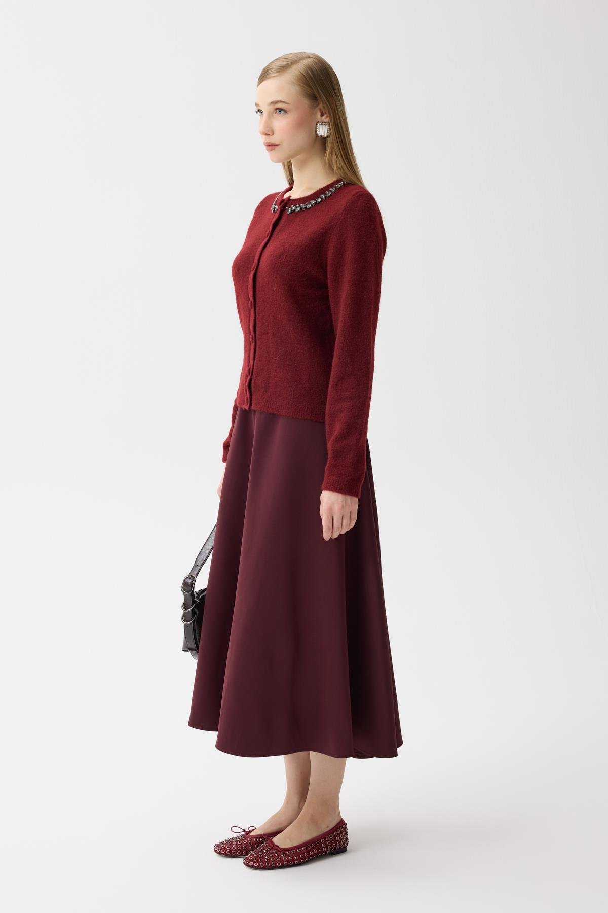 Victoria Yaka Taşlı Yünlü Hırka - Bordo 