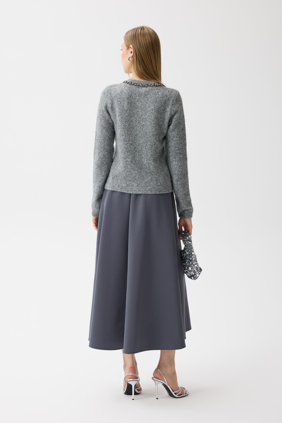 Victoria Yaka Taşlı Yünlü Hırka  - Gri