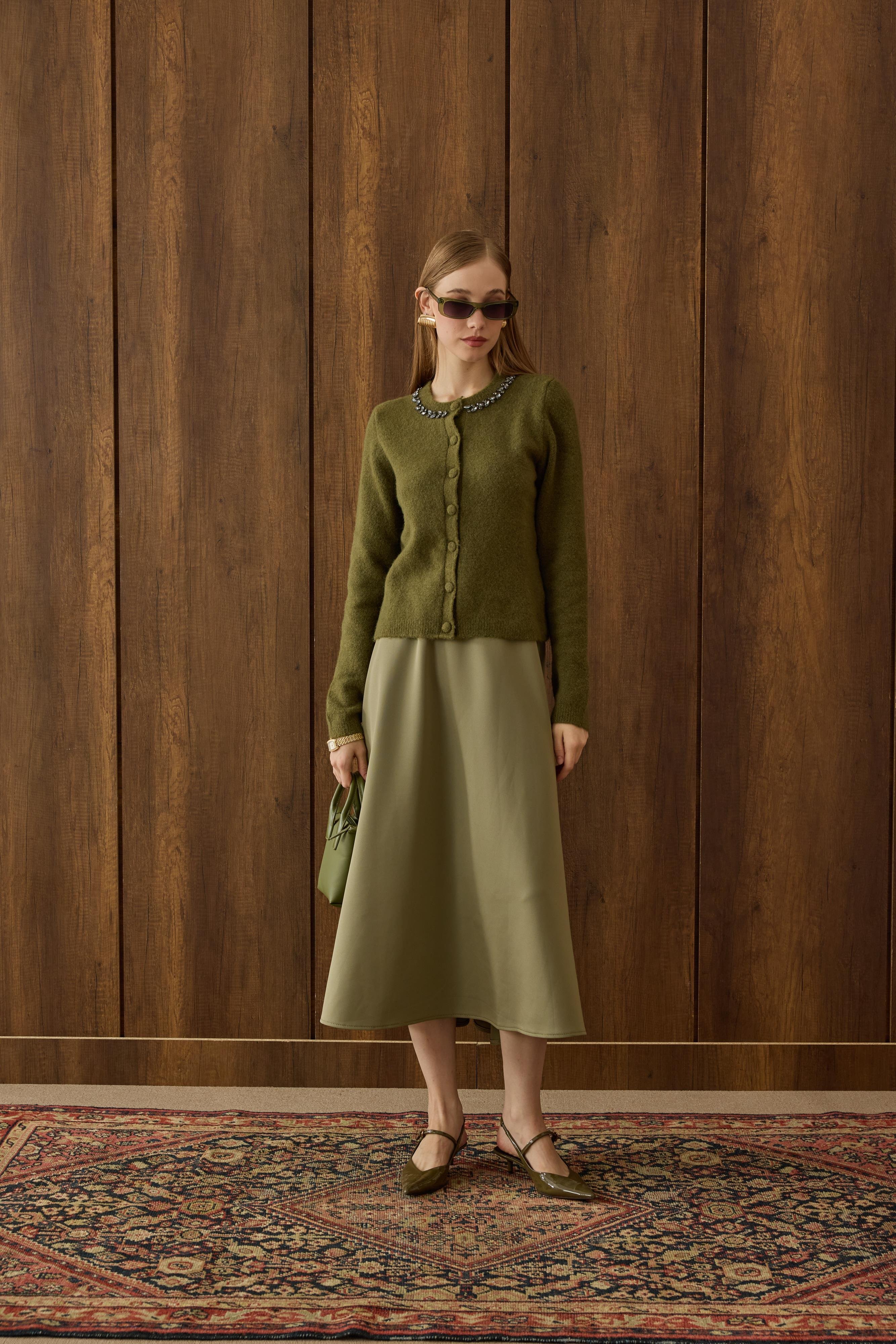 Victoria Yaka Taşlı Yünlü Hırka - Haki 