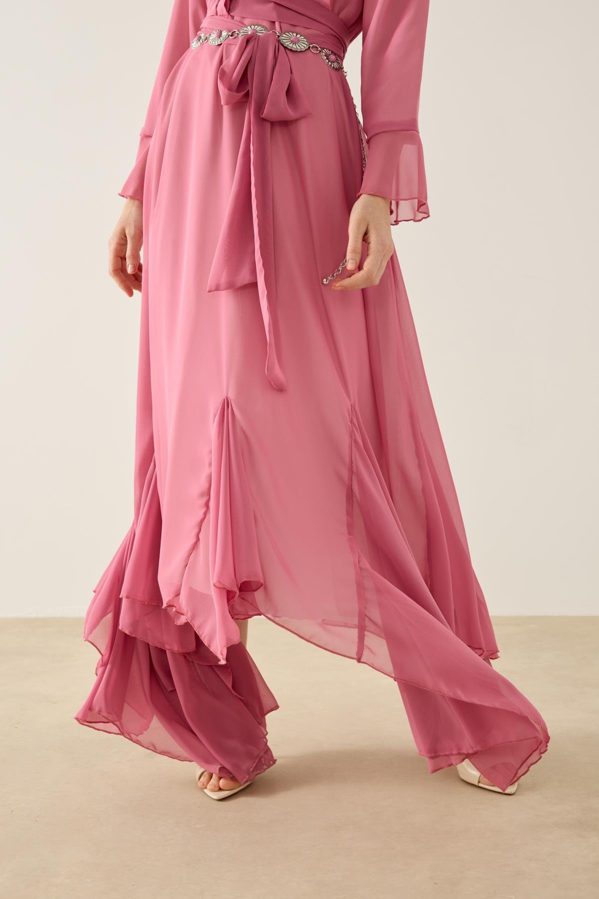 Violetta Volanlı Şifon Elbise - Pembe