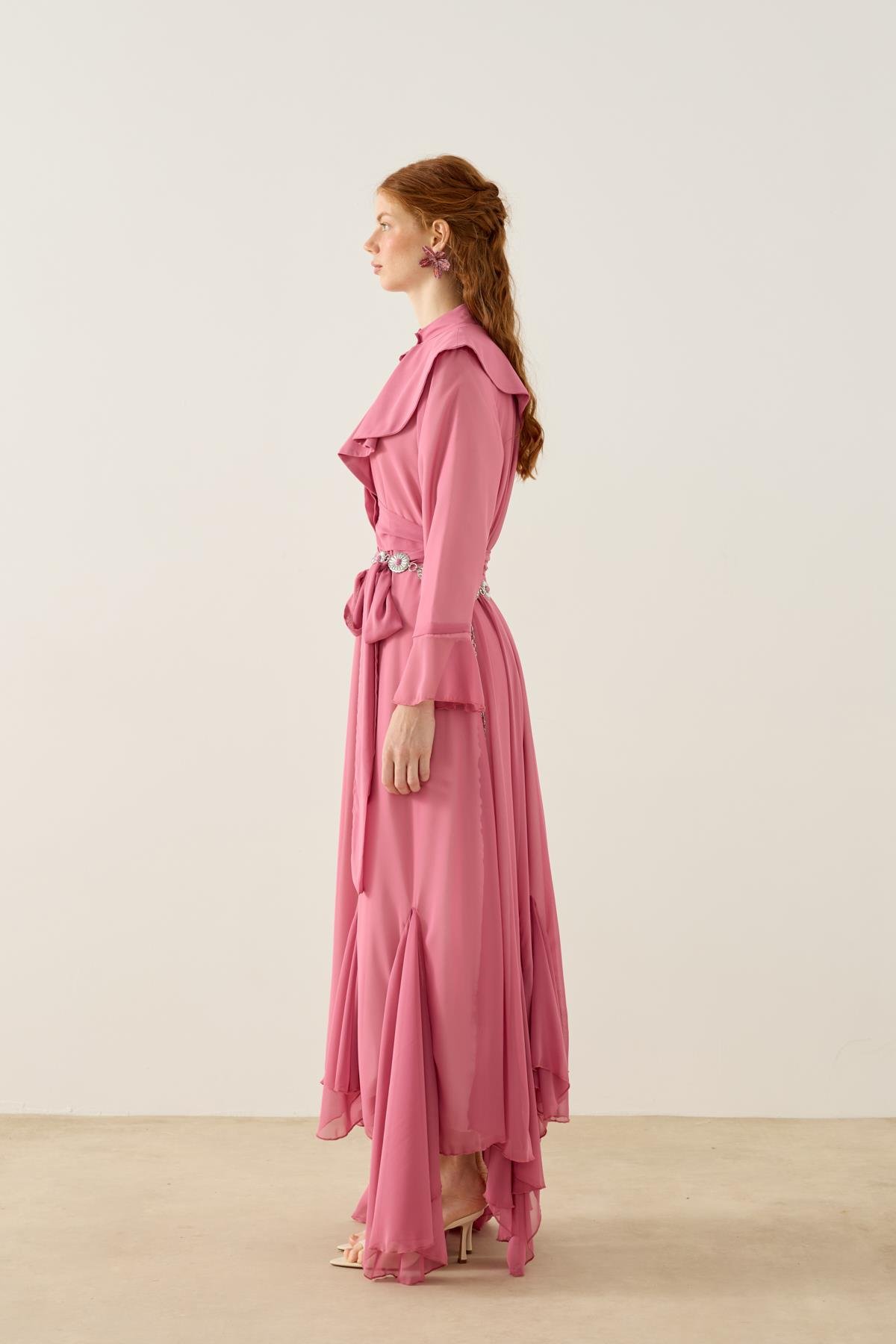 Violetta Volanlı Şifon Elbise - Pembe