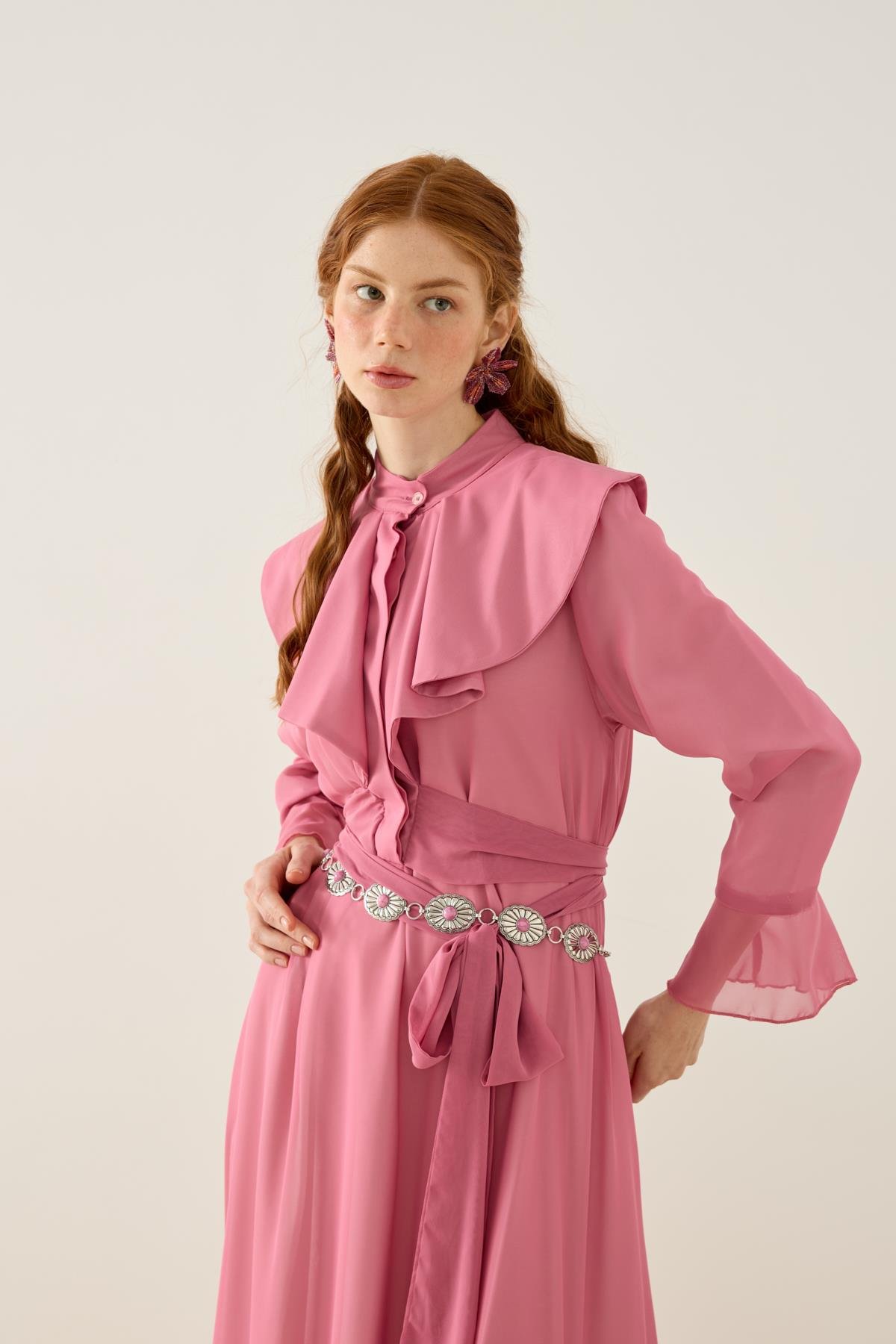 Violetta Volanlı Şifon Elbise - Pembe