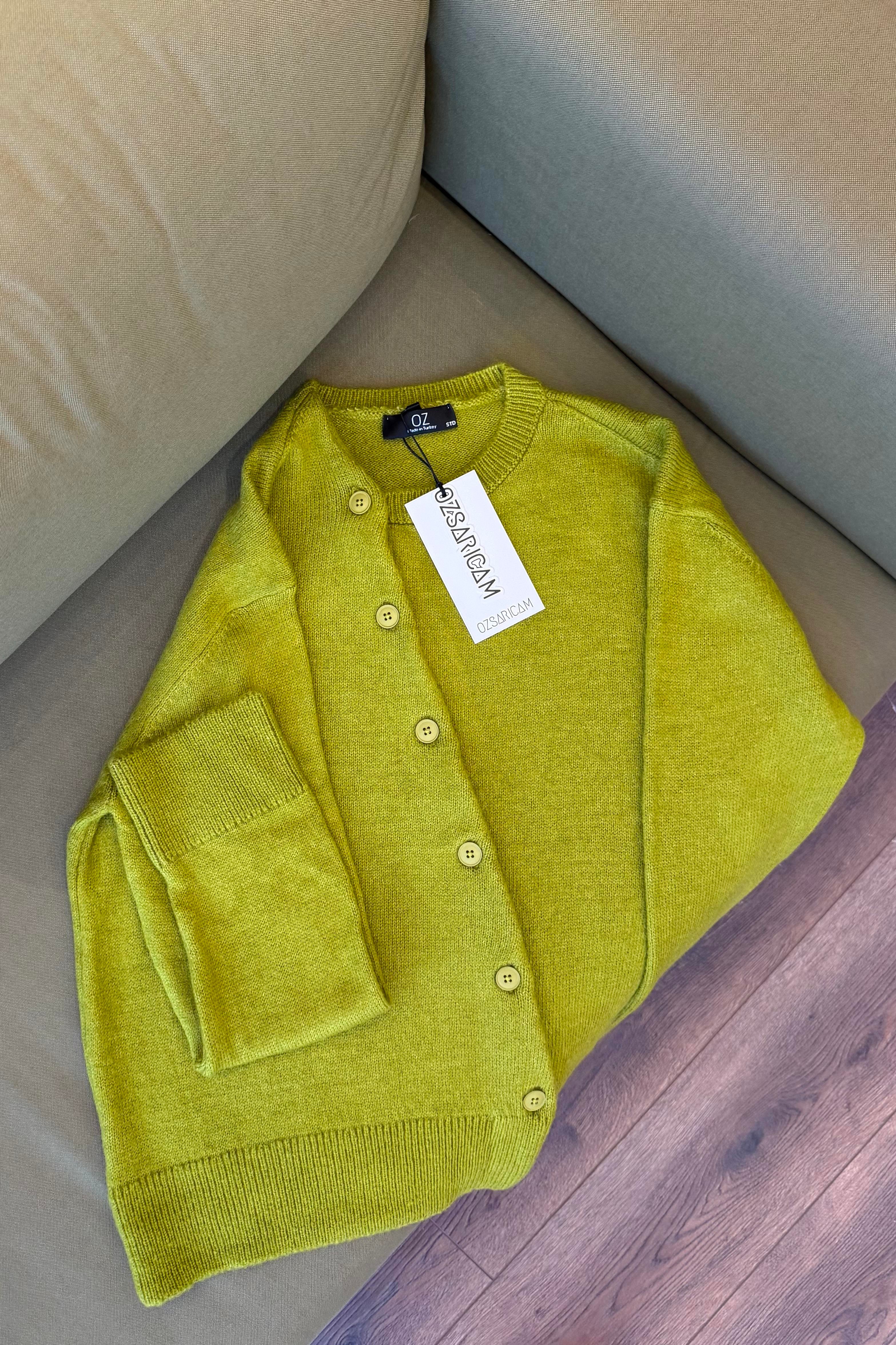 Yue Asimetrik Patlı Triko Hırka - Zeytin Yeşil