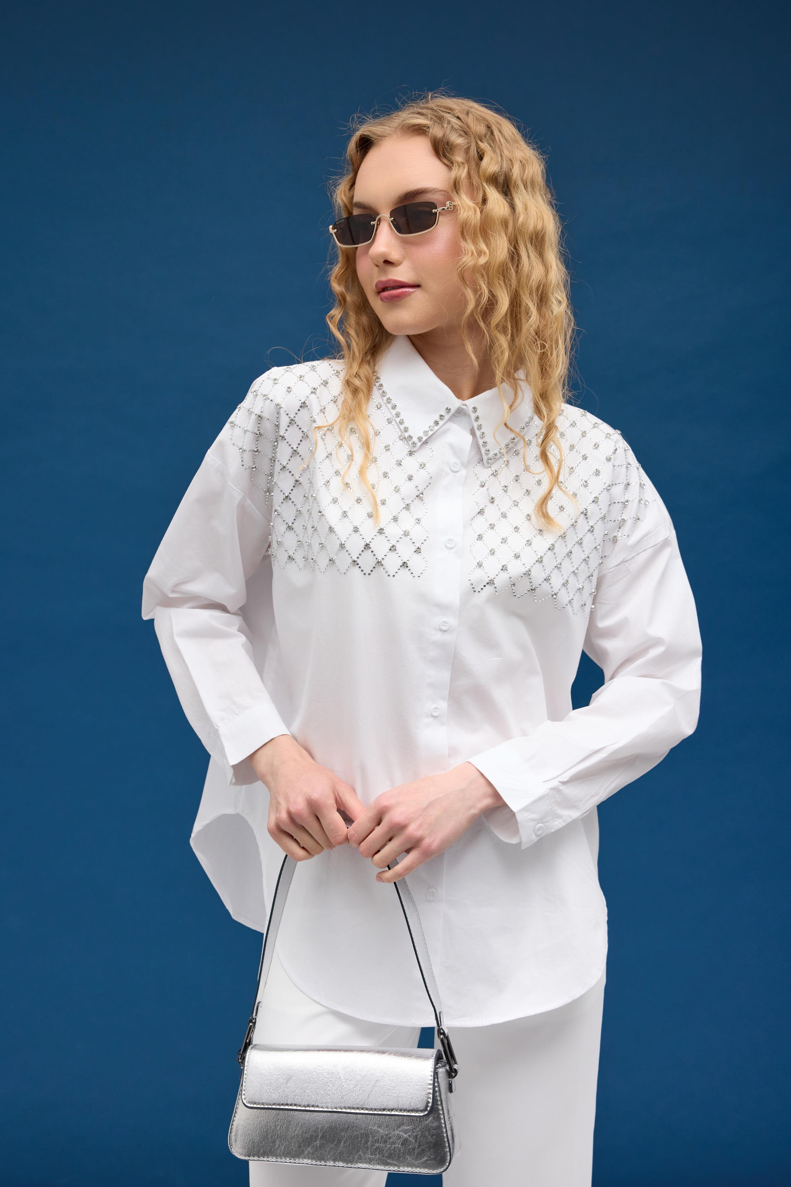 Zanera Taş İşlemeli Gömlek- Beyaz