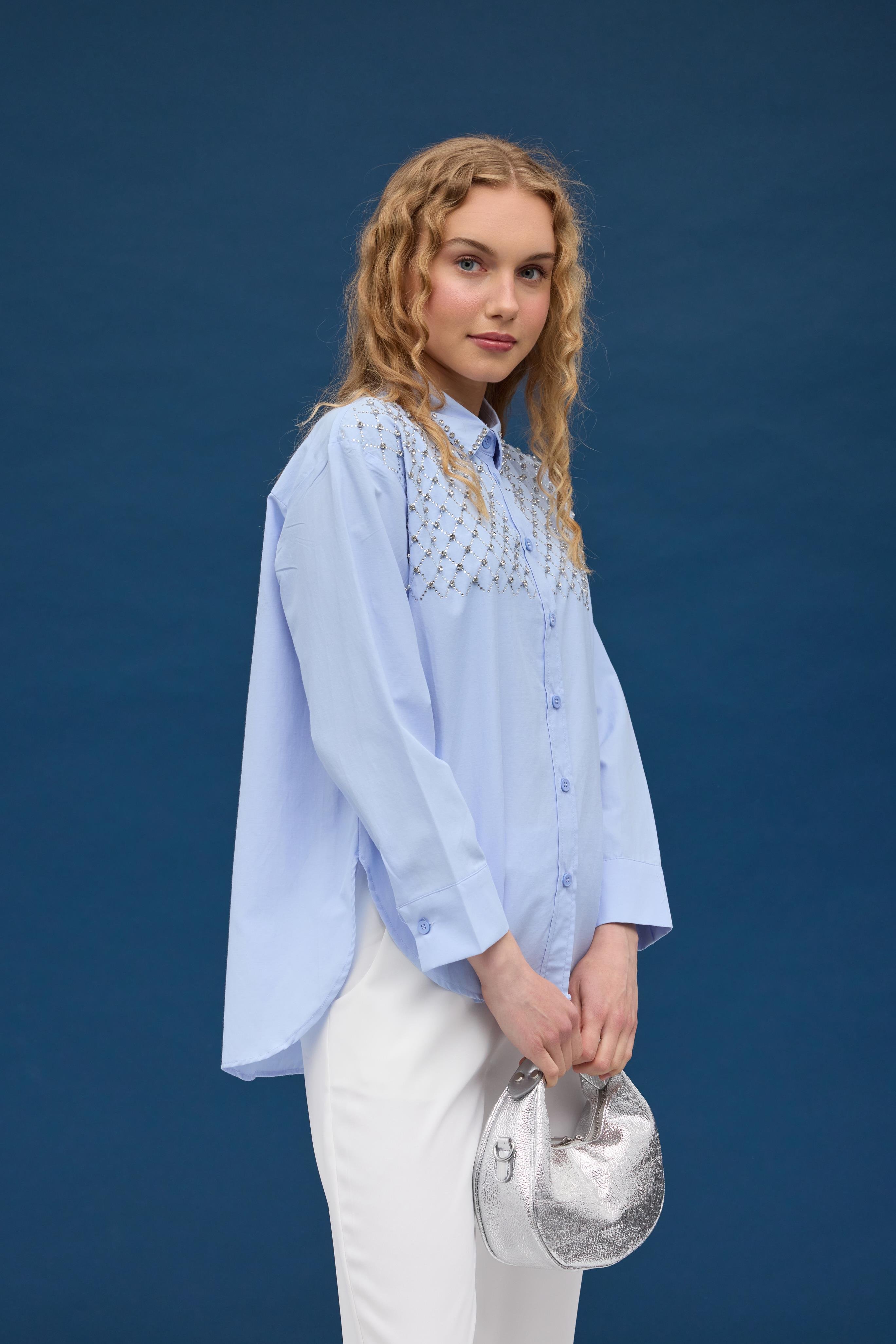 Zanera Taş İşlemeli Gömlek- Mavi