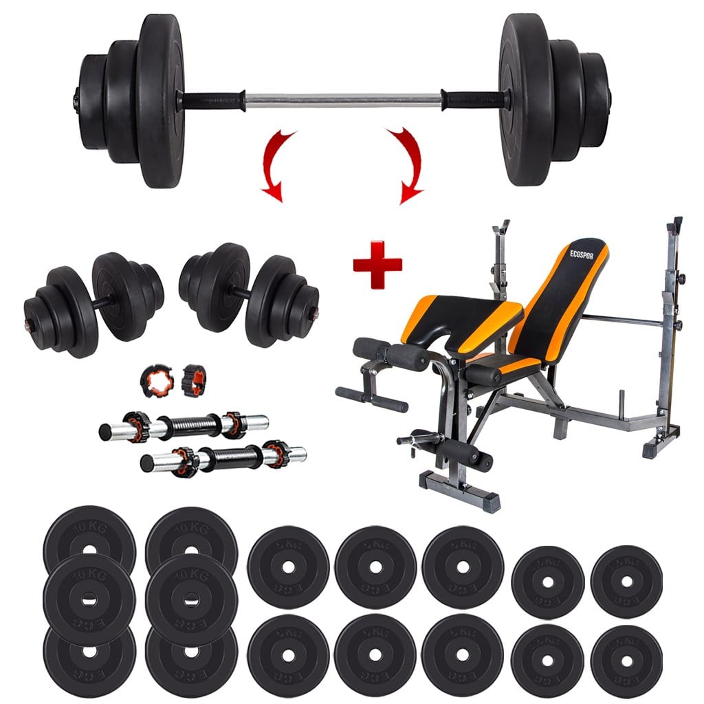 Ecgspor 105 KG Halter Seti ve Dambıl Seti + Çok Fonksiyonlu Premium Ağırlık Sehpası Bench Sehpası