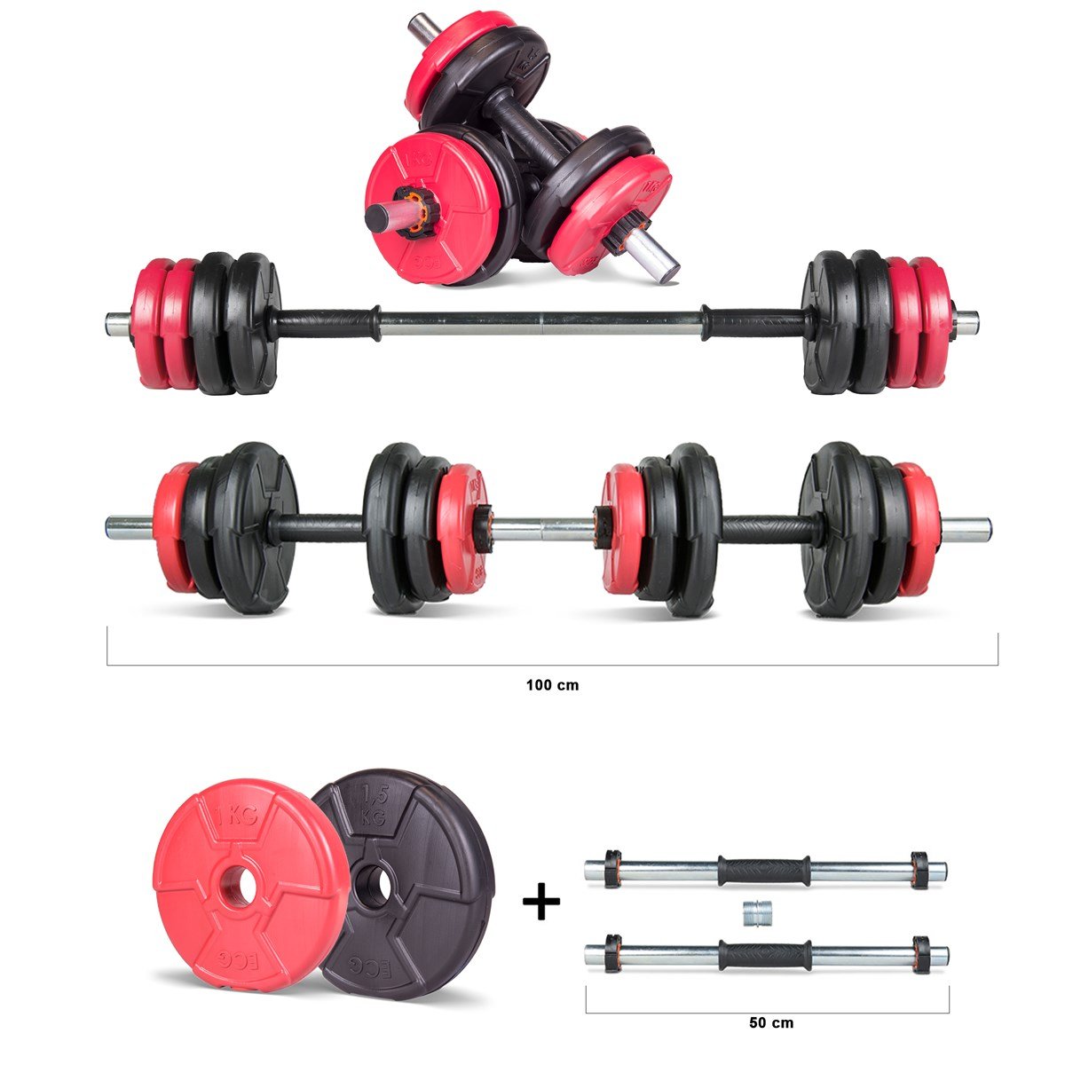 Ecgspor 12 KG Multifonksiyonel Kırmızı Siyah Halter Seti ve Dambıl Seti