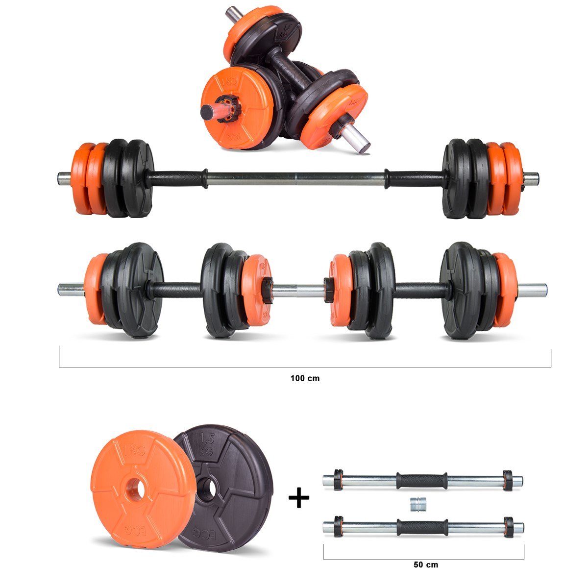 Ecgspor 12 KG Multifonksiyonel Turuncu Siyah Halter Seti ve Dambıl Seti