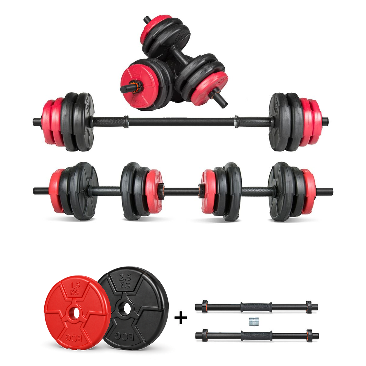 Ecgspor 17 KG Multifonksiyonel Kırmızı Siyah Halter Seti ve Dambıl Seti