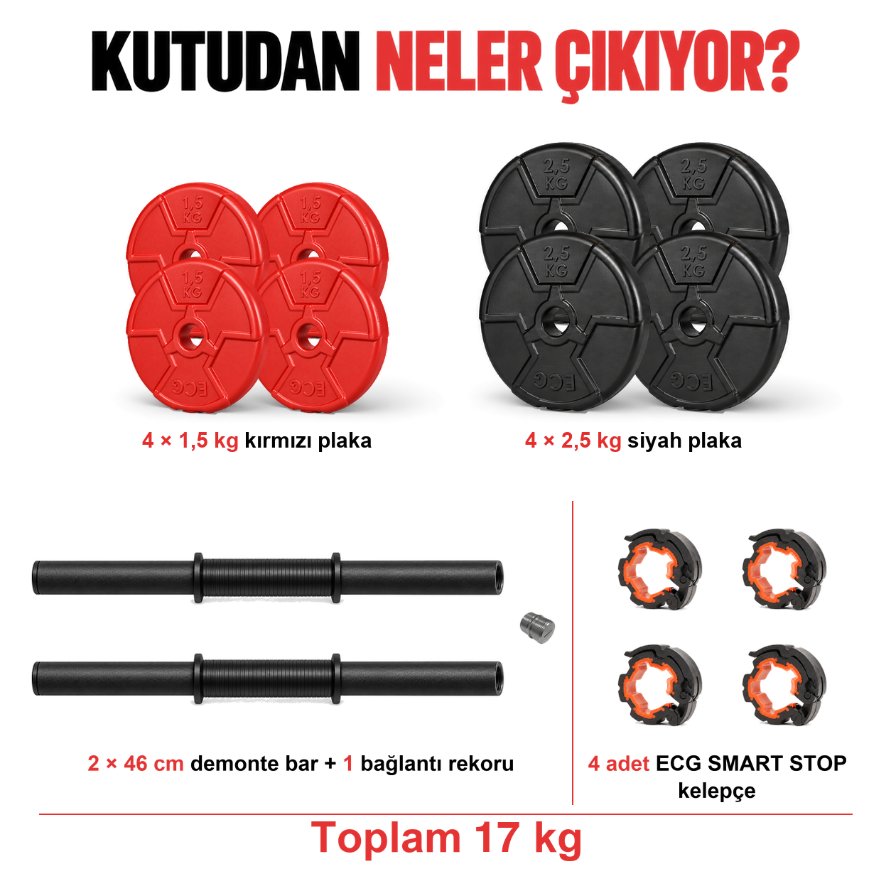 Ecgspor 17 KG Multifonksiyonel Kırmızı Siyah Halter Seti ve Dambıl Seti
