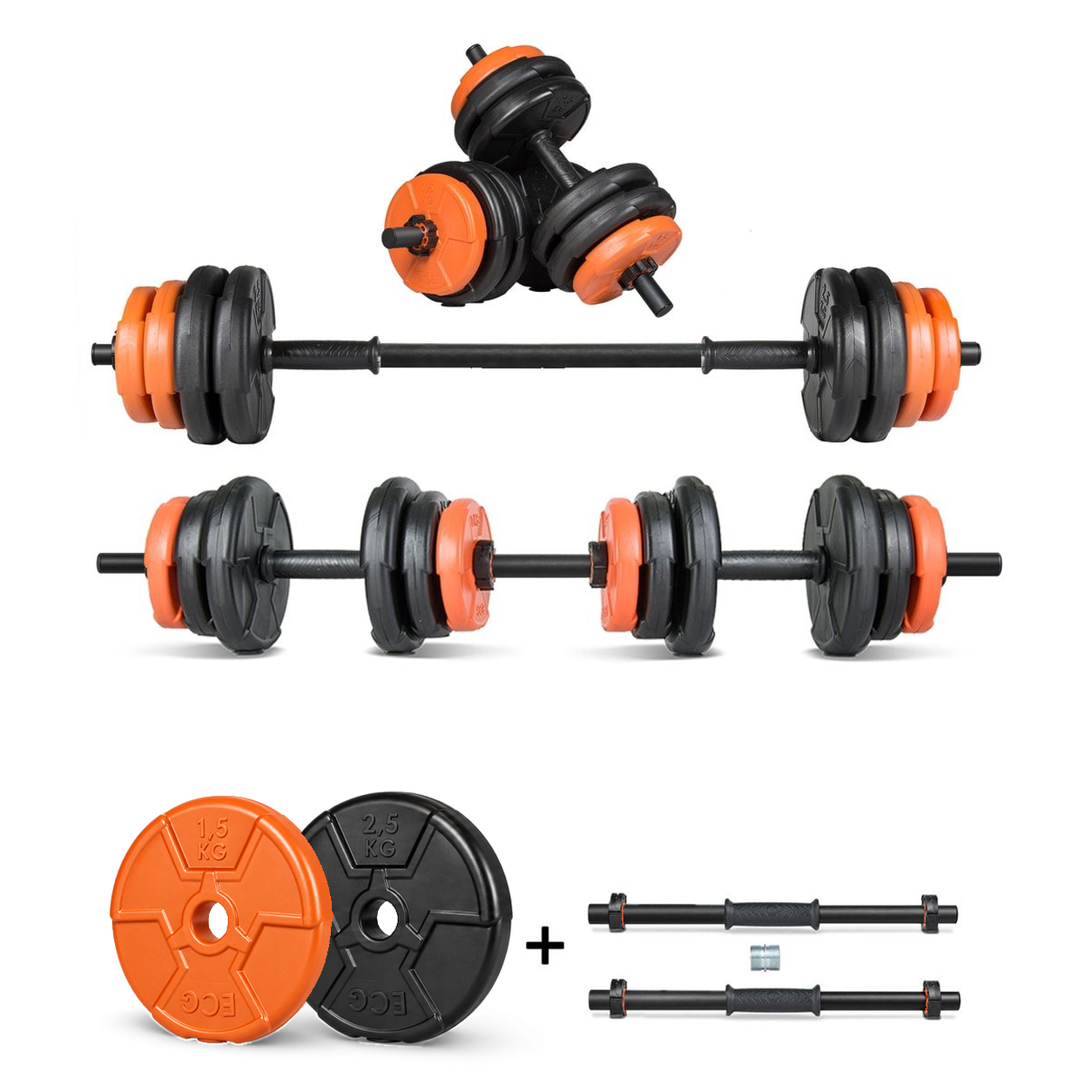 Ecgspor 17 KG Multifonksiyonel Turuncu Siyah Halter Seti ve Dambıl Seti