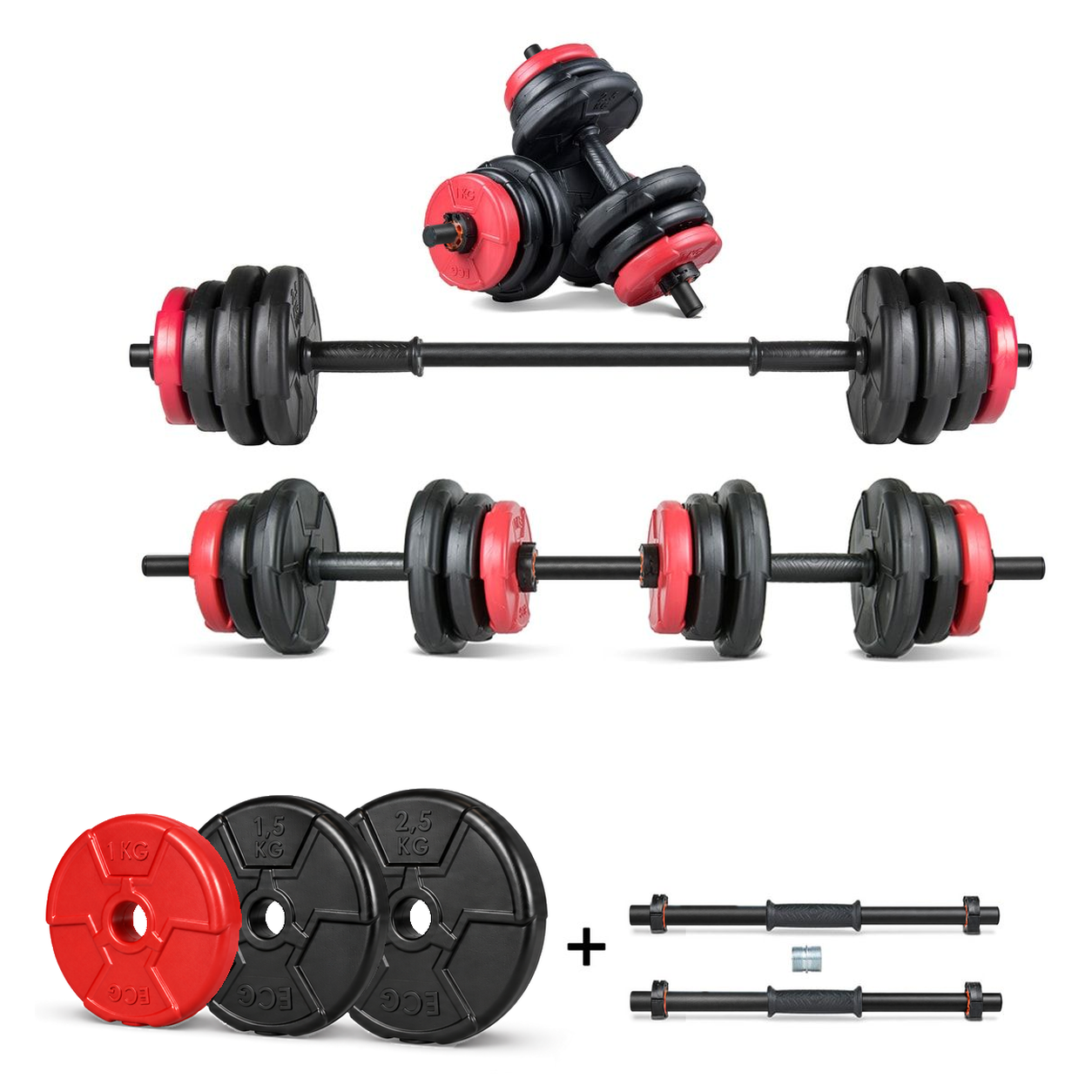 Ecgspor 22 KG Multifonksiyonel Kırmızı Siyah Halter Seti ve Dambıl Seti