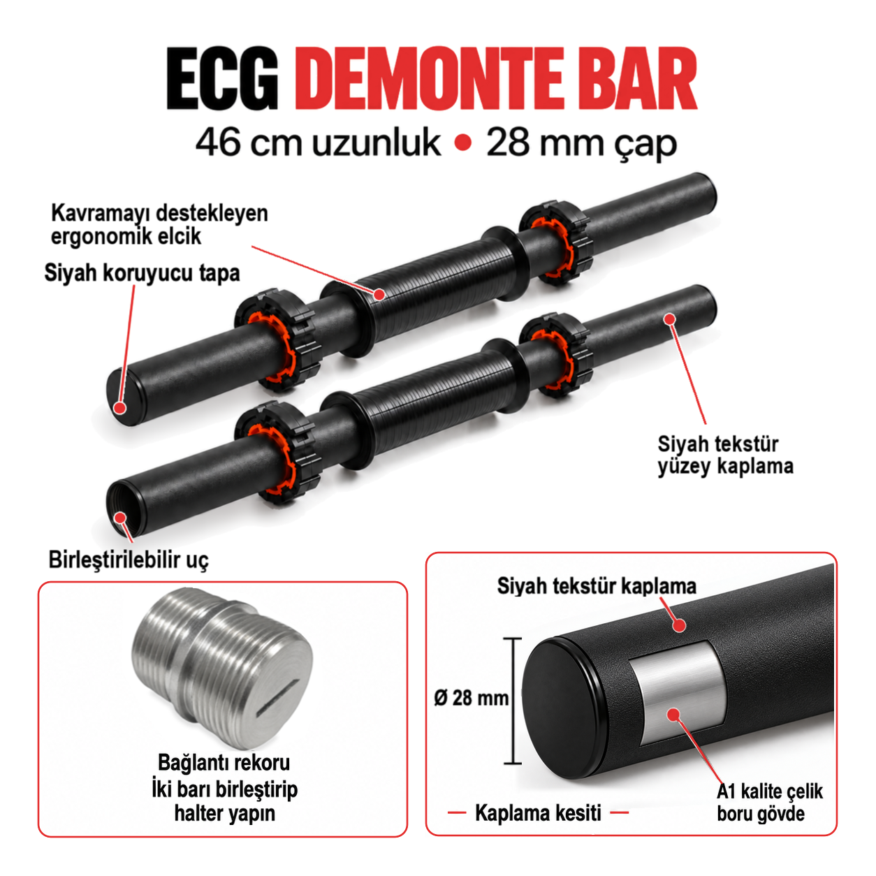 Ecgspor 22 KG Multifonksiyonel Kırmızı Siyah Halter Seti ve Dambıl Seti