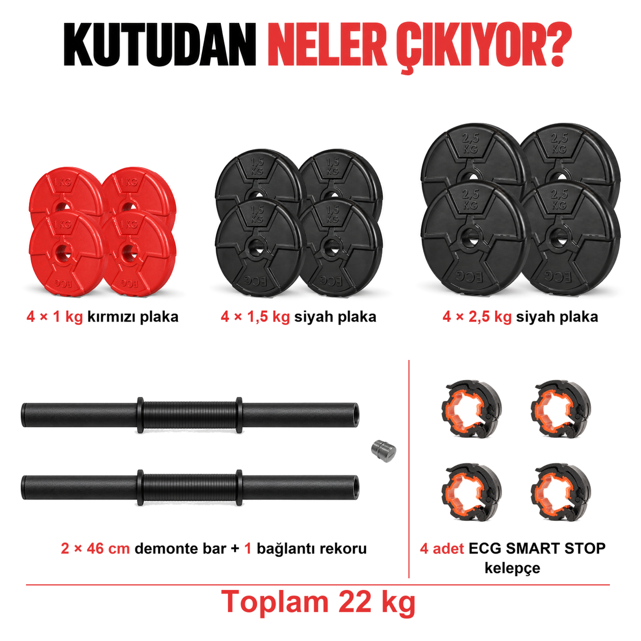 Ecgspor 22 KG Multifonksiyonel Kırmızı Siyah Halter Seti ve Dambıl Seti