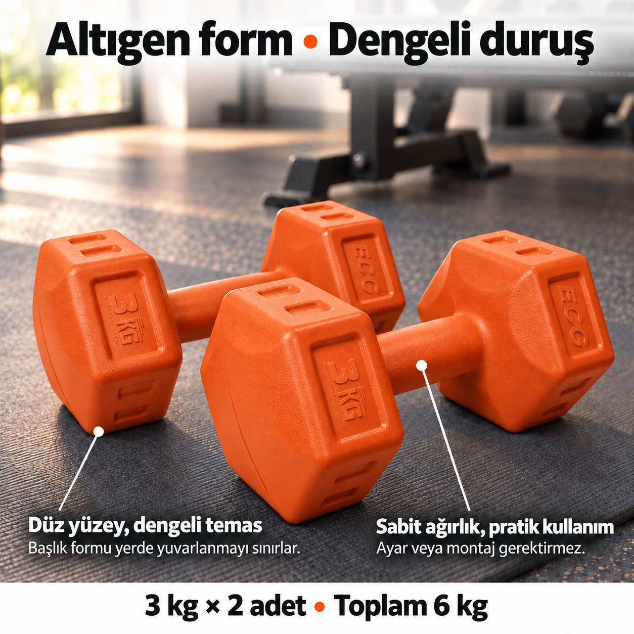 Ecgspor 3 Kg Turuncu Dambıl Seti 3 Kg x 2 Adet Toplam 6 Kg Ağırlık Seti