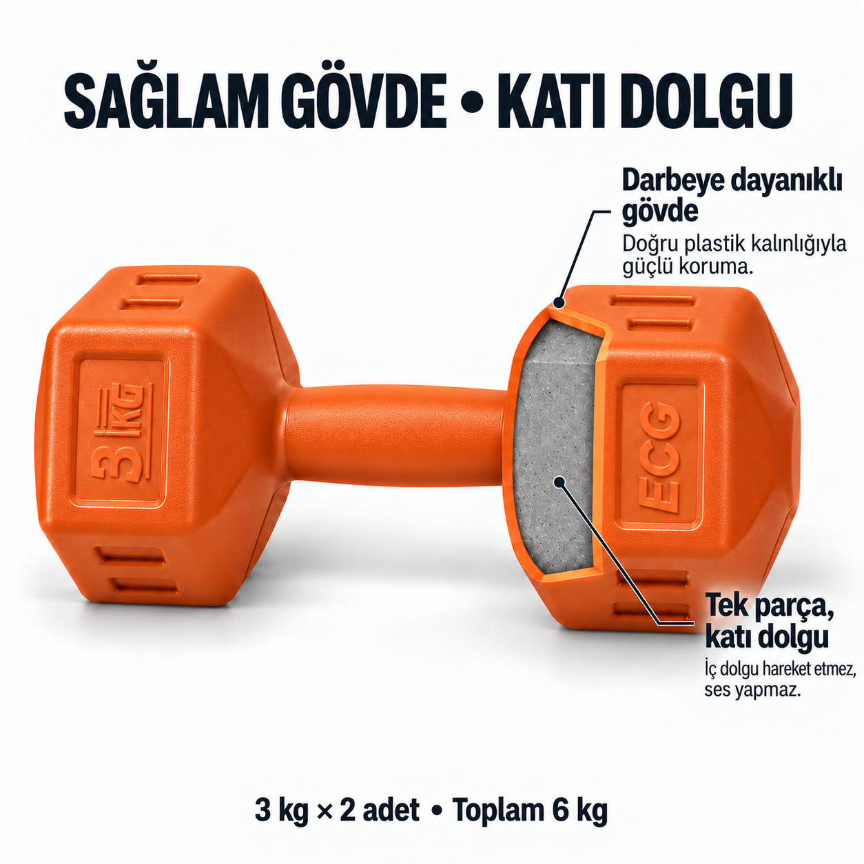 Ecgspor 3 Kg Turuncu Dambıl Seti 3 Kg x 2 Adet Toplam 6 Kg Ağırlık Seti