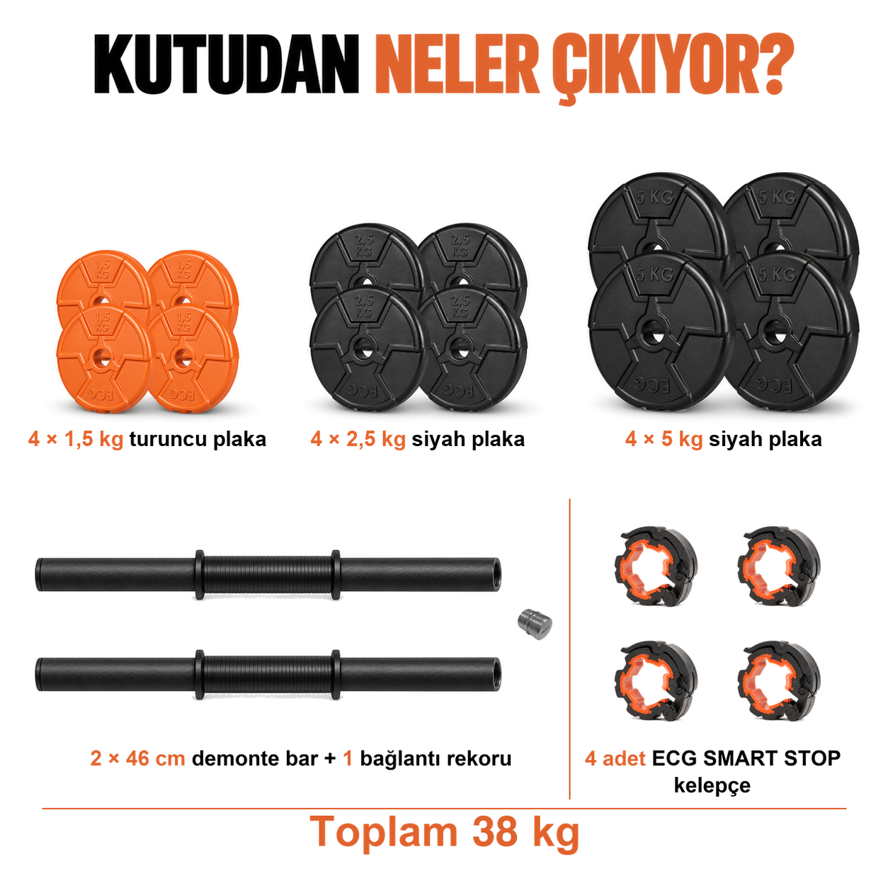 Ecgspor 38 Kg Multifonksiyonel Dambıl Seti Turuncu Siyah