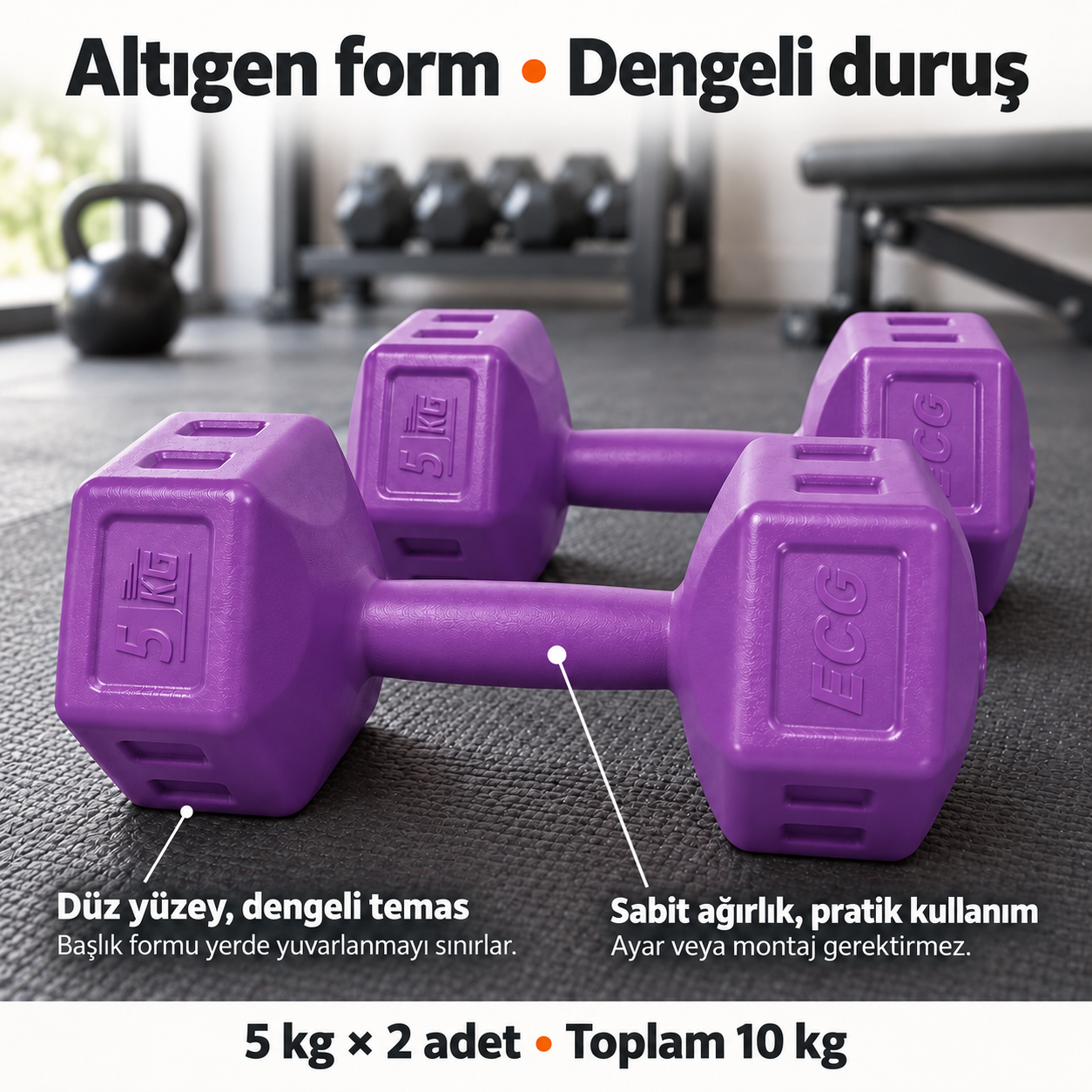 Ecgspor 5 Kg Mor Dambıl Seti 5 Kg x 2 Adet Toplam 10 Kg Ağırlık Seti