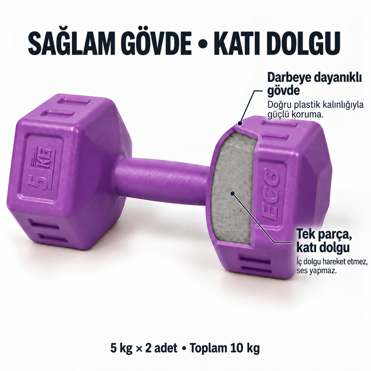 Ecgspor 5 Kg Mor Dambıl Seti 5 Kg x 2 Adet Toplam 10 Kg Ağırlık Seti