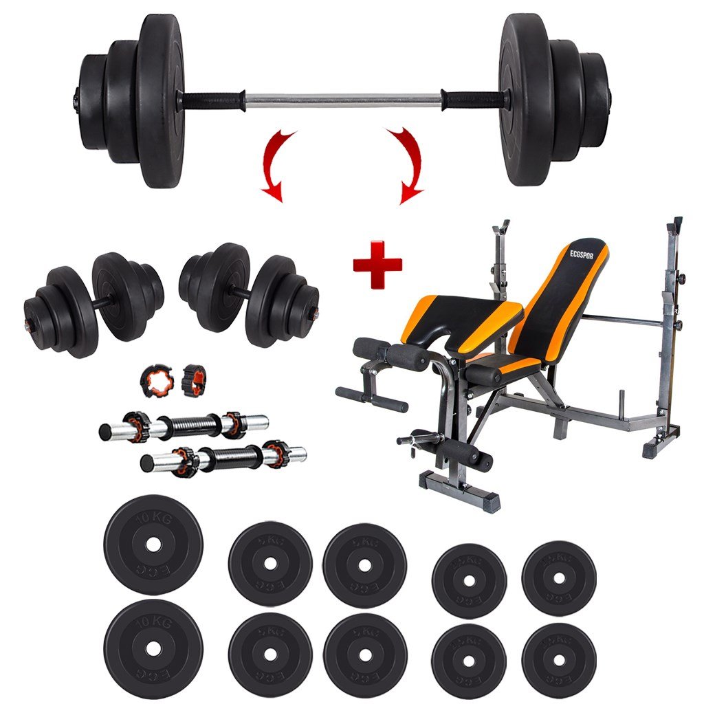 Ecgspor 55 KG Halter Seti ve Dambıl Seti + Çok Fonksiyonlu Premium Ağırlık Sehpası Bench Sehpası 
