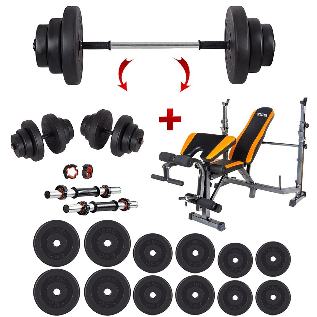 Ecgspor 75 KG Halter Seti ve Dambıl Seti + Çok Fonksiyonlu Premium Ağırlık Sehpası Bench Sehpası 