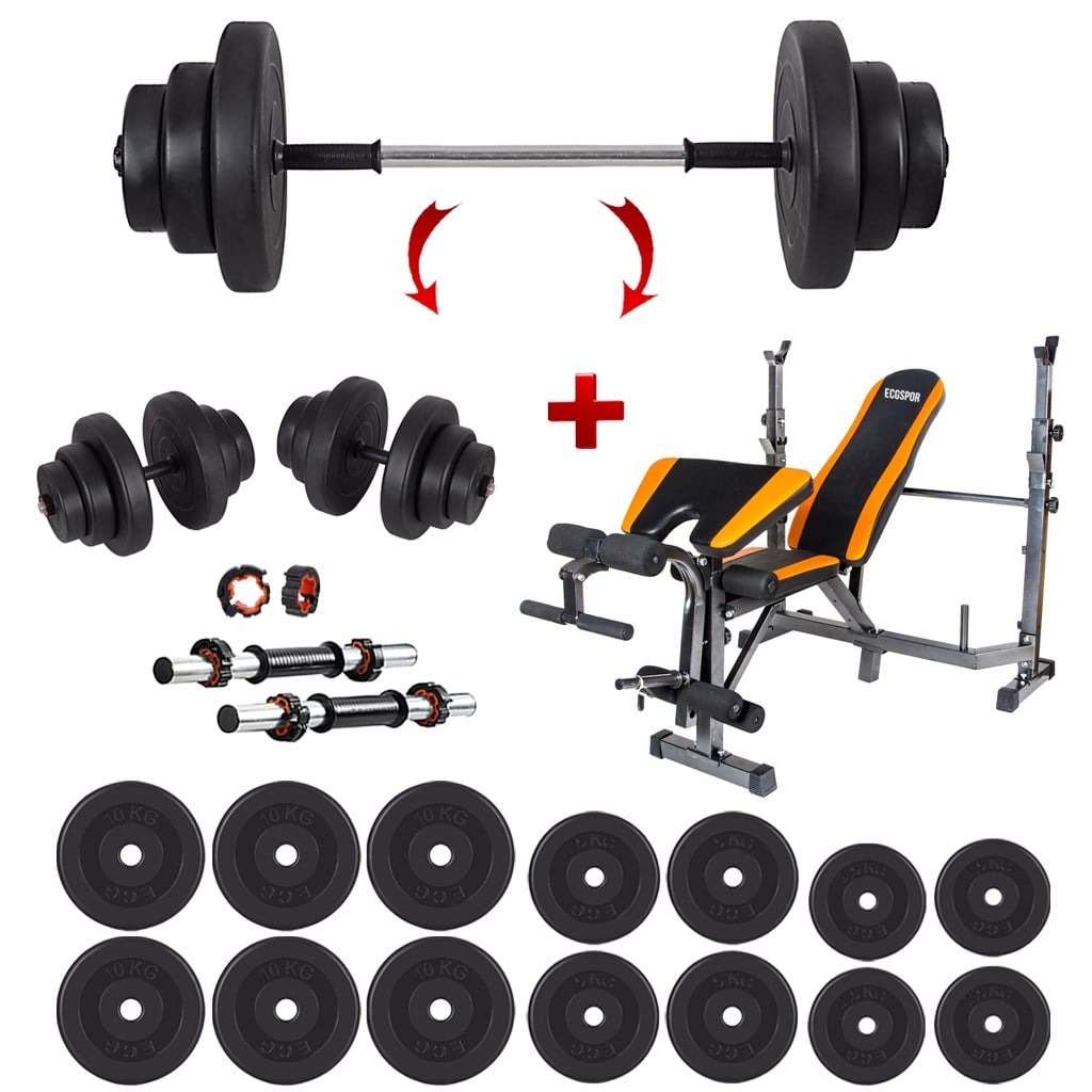 Ecgspor 95 KG Halter Seti ve Dambıl Seti + Çok Fonksiyonlu Premium Ağırlık Sehpası Bench Sehpası
