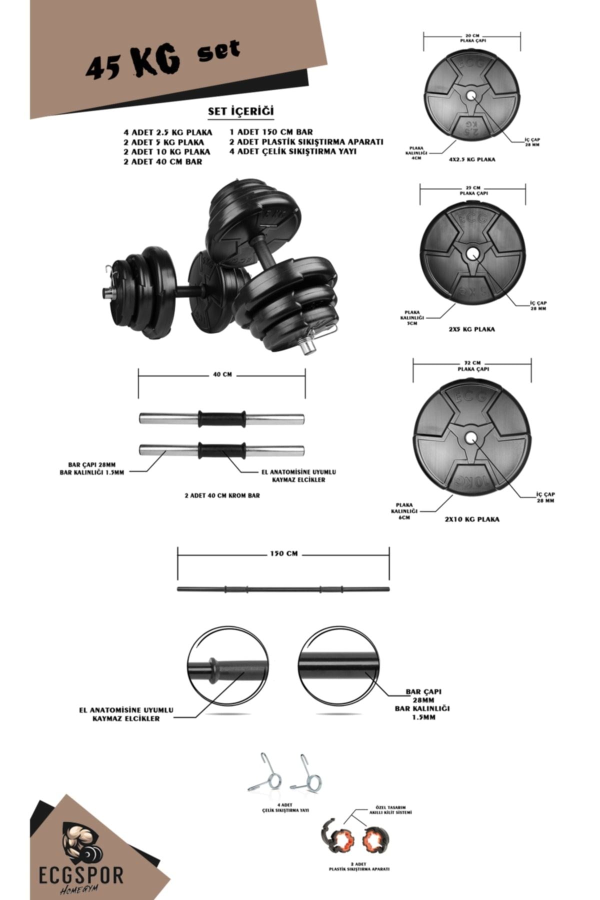 Ecgspor Halter ve Dambıl Seti 25 – 105 kg – 150 cm Düz Bar