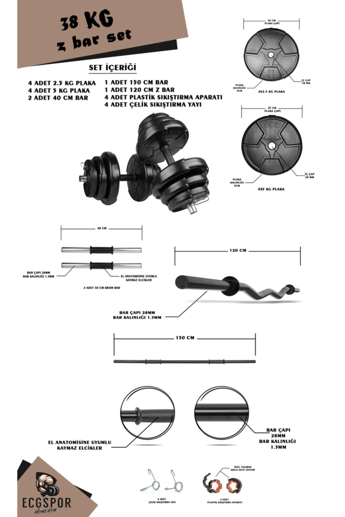 Ecgspor HERO Serisi 38 Kg Z Bar Halter Seti ve Dambıl Seti Ağırlık Fitness Seti