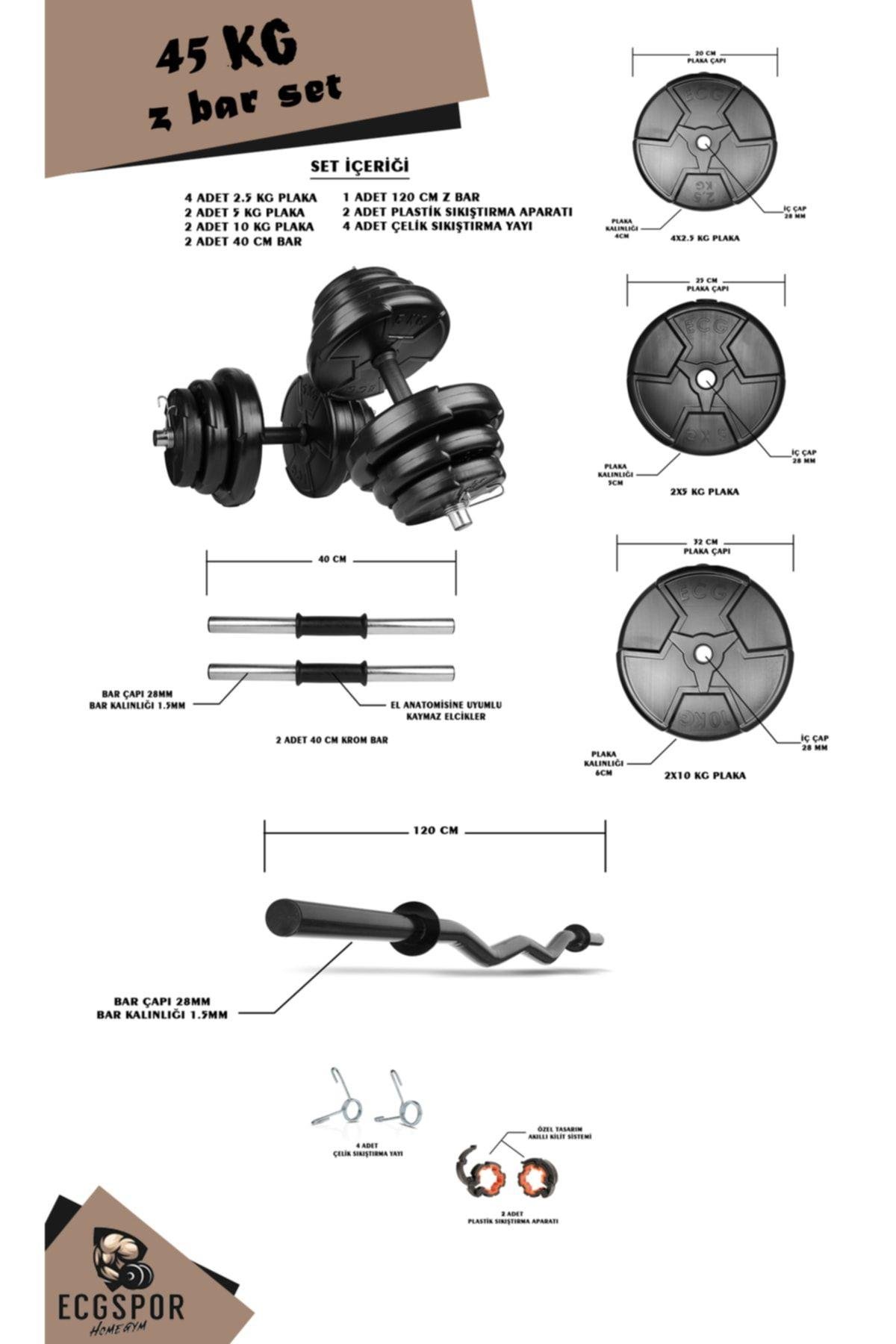 Ecgspor HERO Serisi 45 Kg Z Bar Halter Seti ve Dambıl Seti Ağırlık Fitness Seti