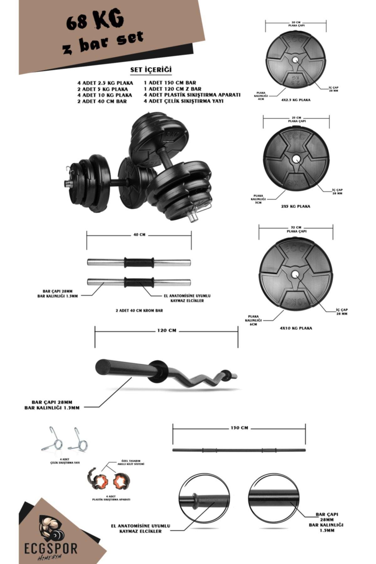 Ecgspor HERO Serisi 68 Kg Z Bar Halter Seti ve Dambıl Seti Ağırlık Fitness Seti