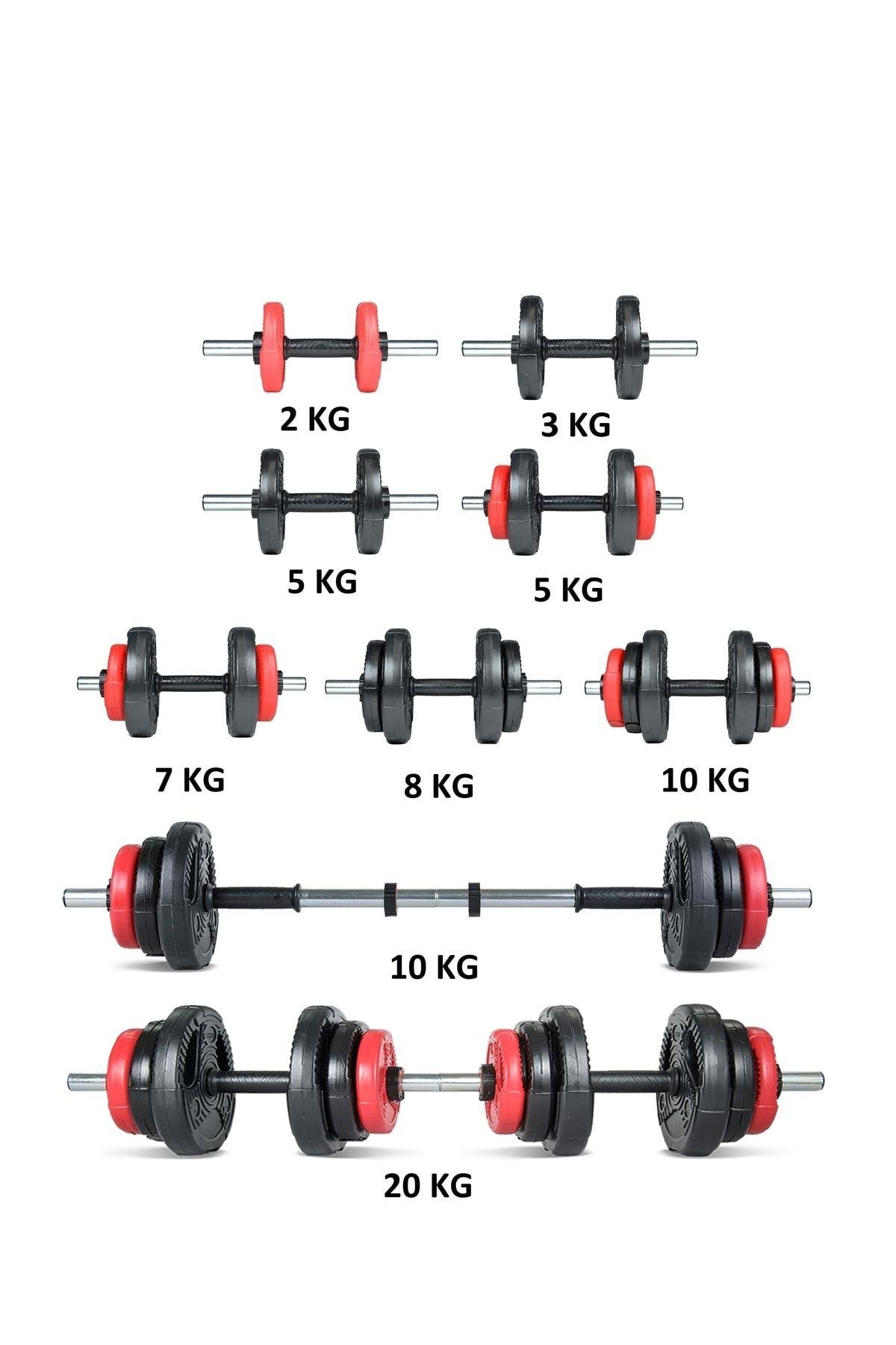 Ecgspor YILDIZ Serisi 22 KG Multifonksiyonel Kırmızı Siyah Halter Seti ve Dambıl Seti