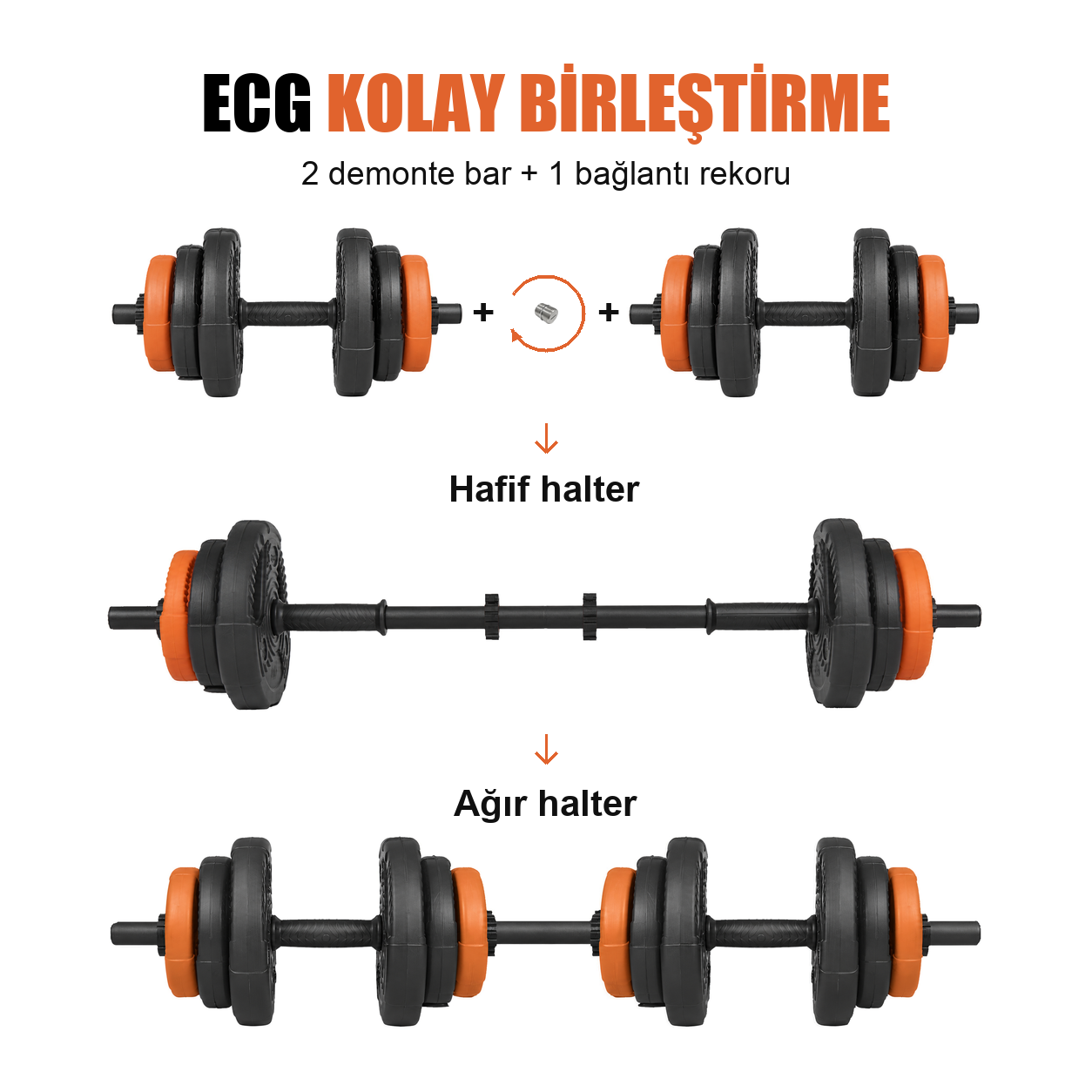 Ecgspor YILDIZ Serisi 22 KG Multifonksiyonel Turuncu Siyah Halter Seti ve Dambıl Seti